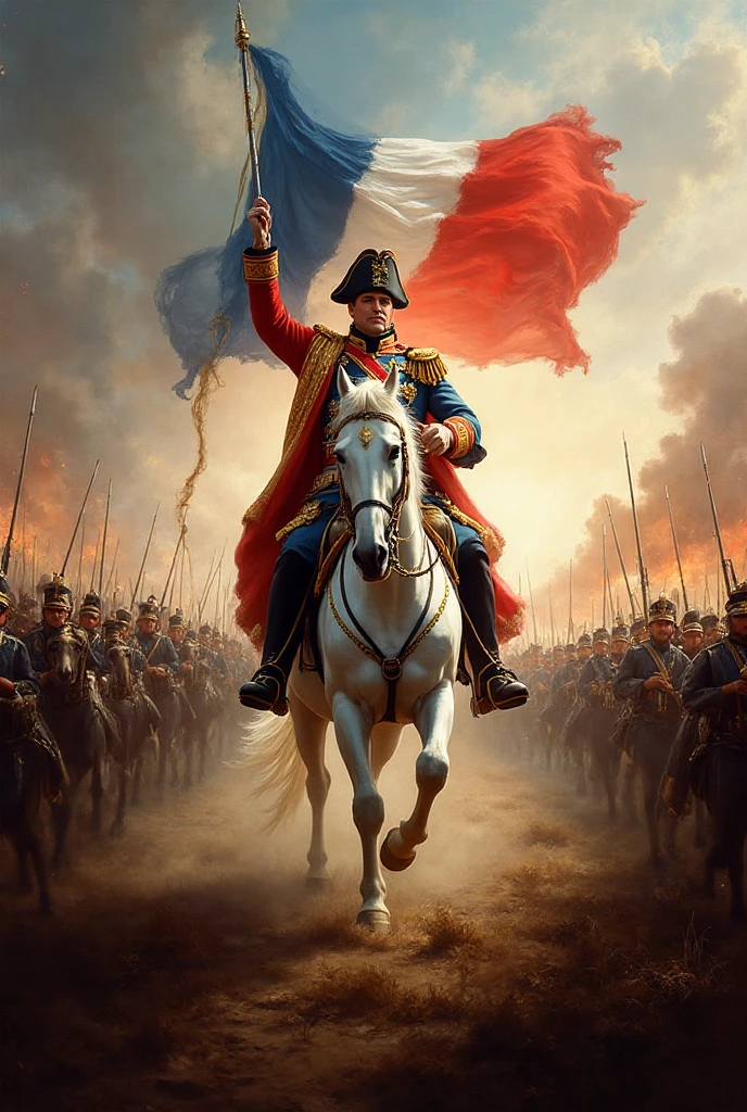 Napolean With Windmill Napoleon leading an army on horseback。French flag fluttering in the ...