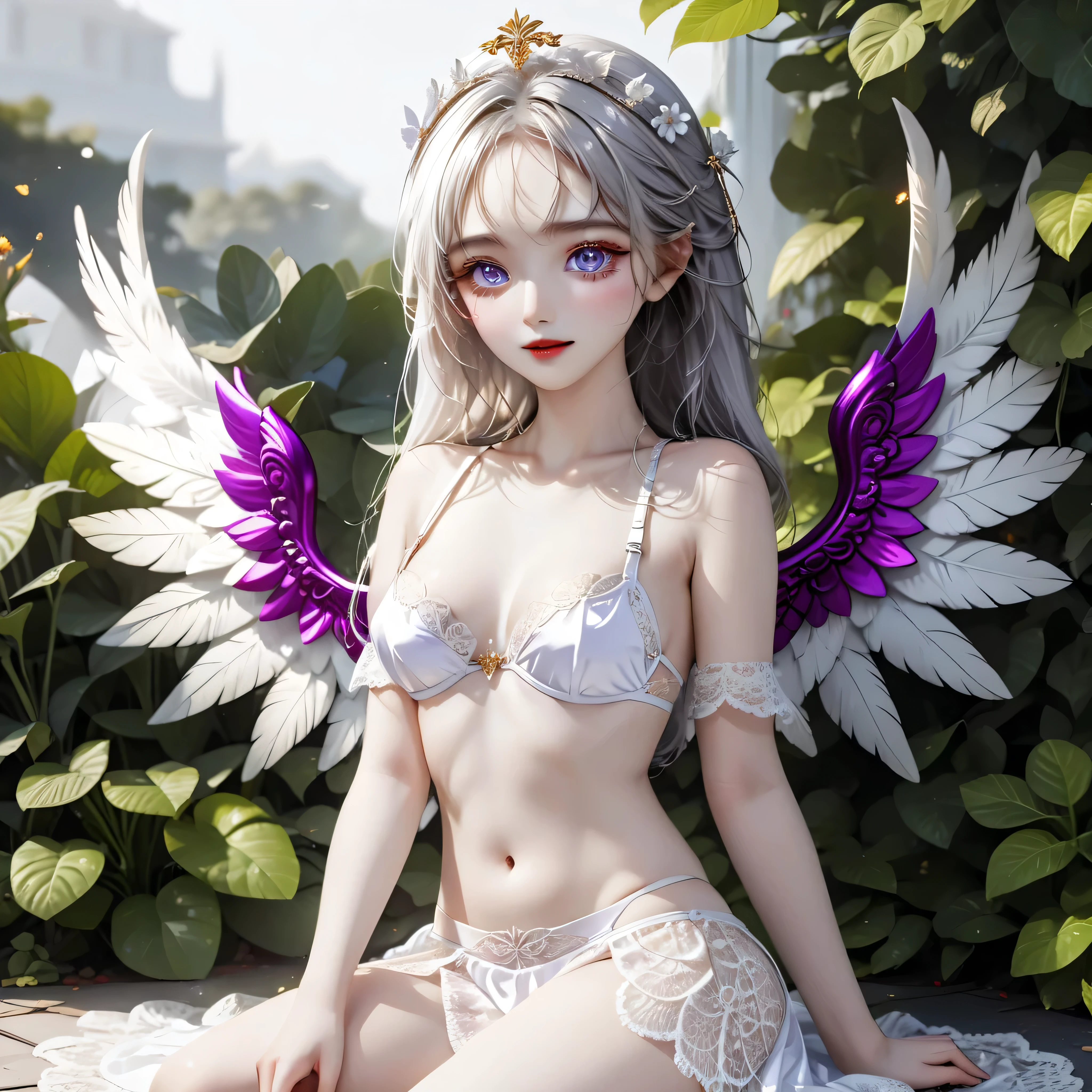 ((Top quality, 8K, best quality, masterpiece, ultra realistic)), ((Beautiful angel with odd eyes)), ((Heterochromia, golden eyes, silver eyes)), ((Sparkling and detailed eyes)), (Very precise eyes), (Long hair with a mixture of platinum and purple), Princess cut, ((Translucent and shining white skin)), Shiny skin, Very white skin, ((Very small breasts)), ((Beautiful woman wearing a lacy pure red quarter cup bra with a clearly visible intricate lace pattern)), ((Crimson wrap (wearing a skirt), ((a beautiful flower garden), ((lime green quarter cup bra)), ((sitting with her legs stretched out, with wings on either side of her back)), ((anatomically accurate depiction)), ((the exact number of fingers, detailed depiction down to the tips of the fingers)), gaze, ((angel wings)),blushing face, ((the surroundings are sparkling)), smile, very beautiful, fantasy world, very beautiful eyes
