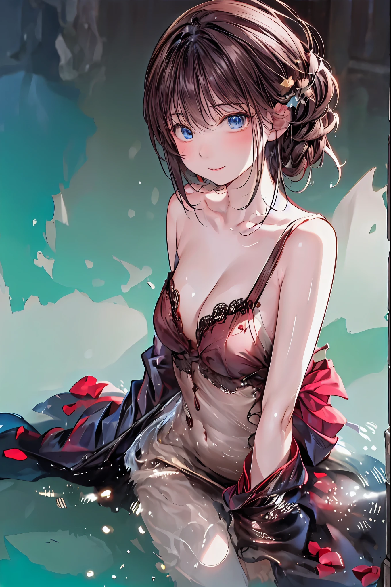 ((霧に包まれたHot Springsで、she reveals her true identity、魅惑的な眼差しでa person passing by々to be bewildered by))、(((((night)))))，霧深いHot Springs、Fascinating Phantom Fox、(((cuticles)))、(((Black Robe)))、Detailed Features and Expressions,Dance softly、((((Two little foxes))))、Hot Springsのsoupに包まれる、Hot Springs、soup、meteor、空から降り注ぐmeteor、無数のmeteor群、meteor、空から降り注ぐmeteor、無数のmeteor群、a person passing by々to be bewildered by視線,4K Digital Art,Realistic,Clarity Like Pictures,HDR,bokeh,delicate texture,Deep colors,fantastic,Mysterious，brown hair，shortcuts to cover your head，unkempt hair，Short braided hair，Neat，slender beauty，correct posture，small breasted，Beautiful legs，their enchanting gray-blue eyes shine like stars，Saggy Eyes，Brilliant Colors,beautiful eyes,A delicate smile,Textured Skin,best quality,gentle and beautiful woman,anime style､