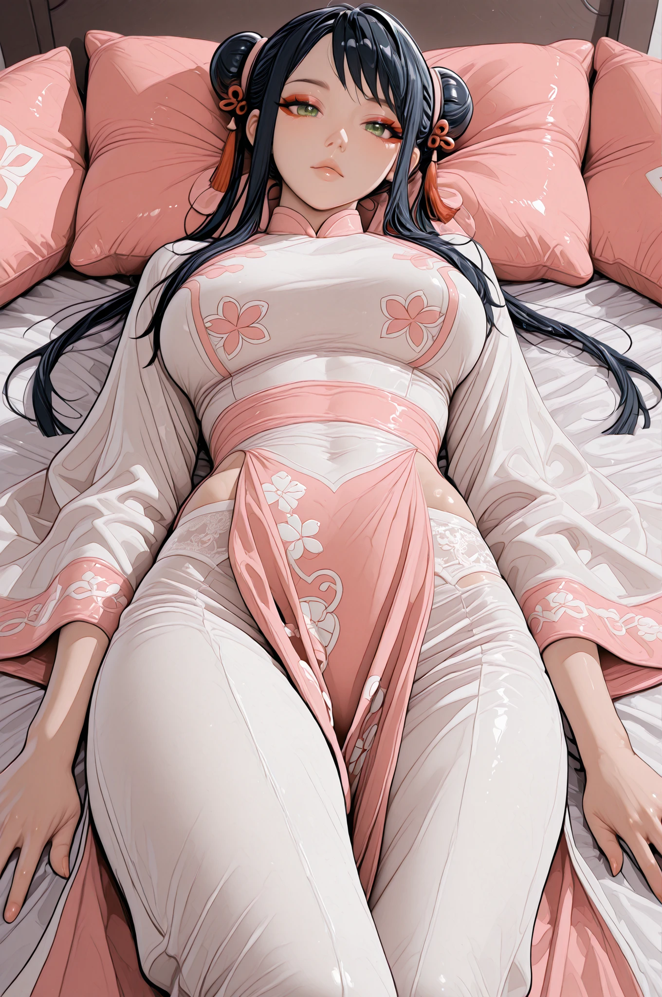 1Girl in Ao dai and turning it upside down(supreme masterpiece top quality detailed description human anatomy)in a dark, shaded bedroom, I'm lying on my side facing here, raised my legs high, rolled up my body as much as possible in a tumble position with the crotch of my panties facing the ceiling, and held my thighs with both hands、close up from directly above、(Extremely delicate)Ao with a beautiful pattern with embroidery and lace, and white zai with an ultra-thin fabric and a beautiful pattern with embroidery and lace、She's looking at this for a bit、(Extremely delicate)Open Ao's collar slightly、Ao's long slit is in the groin、Big Breasts、Big Ass、Thick Thighs、Sparkling lime green eyes、long lashes、hanging eyes、Pretty far apart、red eyeshadow、Black Chinese bun hair、Ecstasy Face、pink pillow 、black bed sheets、panty line is slightly transparent、I'm wearing white pants、Beautiful patterned underwear with、Underwear with a beautiful pattern with embroidery and lace is slightly transparent