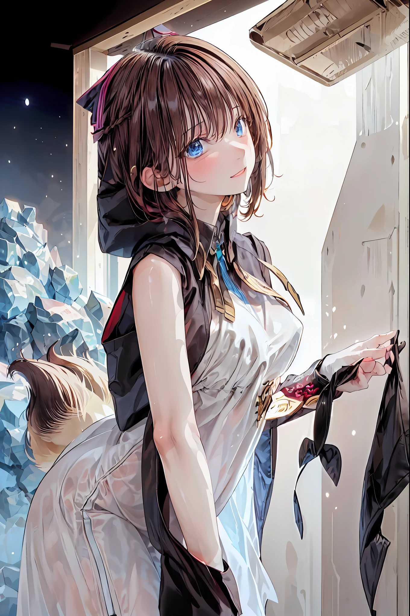 ((霧に包まれたHot Springsで、she reveals her true identity、魅惑的な眼差しでa person passing by々to be bewildered by))、(((((night)))))，霧深いHot Springs、Fascinating Phantom Fox、(((cuticles)))、(((Black Robe)))、Detailed Features and Expressions,Dance softly、((((Two little foxes))))、Hot Springsのsoupに包まれる、Hot Springs、soup、meteor、空から降り注ぐmeteor、無数のmeteor群、meteor、空から降り注ぐmeteor、無数のmeteor群、a person passing by々to be bewildered by視線,4K Digital Art,Realistic,Clarity Like Pictures,HDR,bokeh,delicate texture,Deep colors,fantastic,Mysterious，brown hair，shortcuts to cover your head，unkempt hair，Short braided hair，Neat，slender beauty，correct posture，small breasted，Beautiful legs，their enchanting gray-blue eyes shine like stars，Saggy Eyes，Brilliant Colors,beautiful eyes,A delicate smile,Textured Skin,best quality,gentle and beautiful woman,anime style､