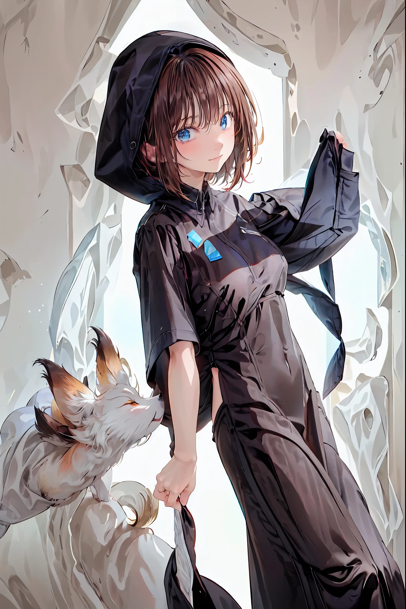 ((霧に包まれたHot Springsで、she reveals her true identity、魅惑的な眼差しでa person passing by々to be bewildered by))、(((((night)))))，霧深いHot Springs、Fascinating Phantom Fox、(((cuticles)))、(((Black Robe)))、Detailed Features and Expressions,Dance softly、((((Two little foxes))))、Hot Springsのsoupに包まれる、Hot Springs、soup、meteor、空から降り注ぐmeteor、無数のmeteor群、meteor、空から降り注ぐmeteor、無数のmeteor群、a person passing by々to be bewildered by視線,4K Digital Art,Realistic,Clarity Like Pictures,HDR,bokeh,delicate texture,Deep colors,fantastic,Mysterious，brown hair，shortcuts to cover your head，unkempt hair，Short braided hair，Neat，slender beauty，correct posture，small breasted，Beautiful legs，their enchanting gray-blue eyes shine like stars，Saggy Eyes，Brilliant Colors,beautiful eyes,A delicate smile,Textured Skin,best quality,gentle and beautiful woman,anime style､