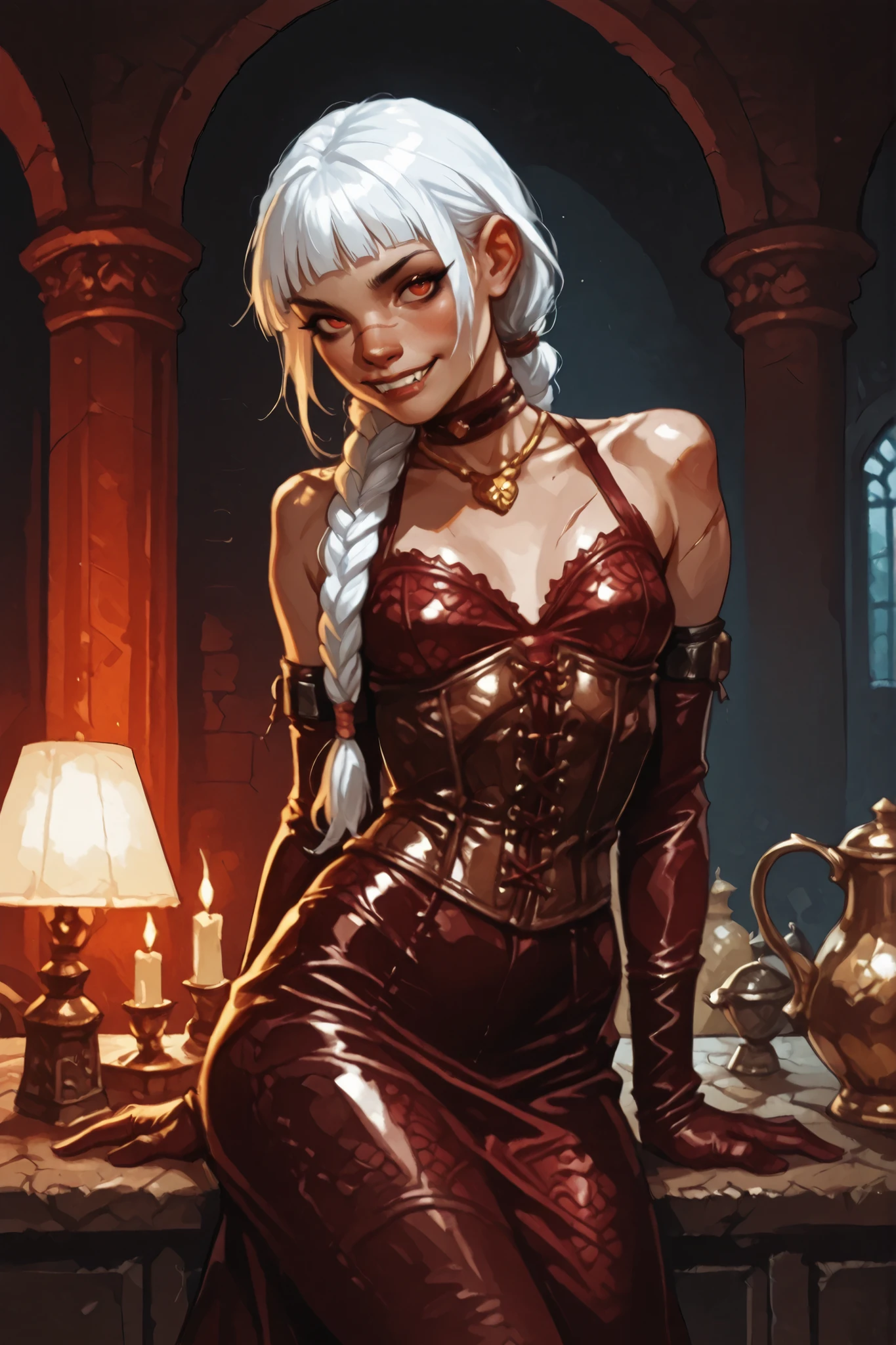 She looks like Elena from Street Fighter and has a horizontal scar across her nose, and white skin. Inca girl with white and dark dreadlocks and ponytail, deep red-coloured eyes, slanted Asian eyes, sharp canine teeth, black eyeliner, athletic body and soft abs. Slender and athletic. Cute, round and young face. White highlights in her hair. She wears dark red, fine (intricate) leather dress with snakeskin-pattern, choker, intricate corset with black lacing, and intricate gloves. She also wears an amber necklace. She has small breasts. She has a small smile on her face. Atmospheric lighting. Looking at the viewer. Background: Spanish medieval town, hdr colours, Graphic Novel, flache Farben, geschnittene Details, Gewinner des DeviantArt-Wettbewerbs, Fantasykunst, fette Linienzeichnung, Extrem feine Tusche-Lineart, intensive Strichzeichnungen, lineart behance hd, ein Fantasy-Comic-Stil, Comic-Tinten, unglaublich detaillierte Linienarbeit, komplizierte Lineart, Fantasy-Graphic-Novel-Stil, Schöne Linienkunst