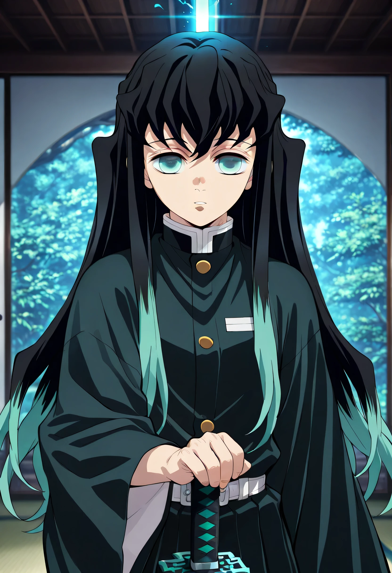 score_9_up , score_8_up , score_7 , masterpiece, Highest Quality, complicated details, anime screen capture, Tsukiya no Oka, official style, Boy holding a sword: 1.2, staring at viewers, muichirou_tokitou, black hair, aqua eyes, long hair, bangs, hair between eyes, sidelocks, multicolored hair, two-tone hair, gradient hair, aqua hair,demon slayer uniform,sword,