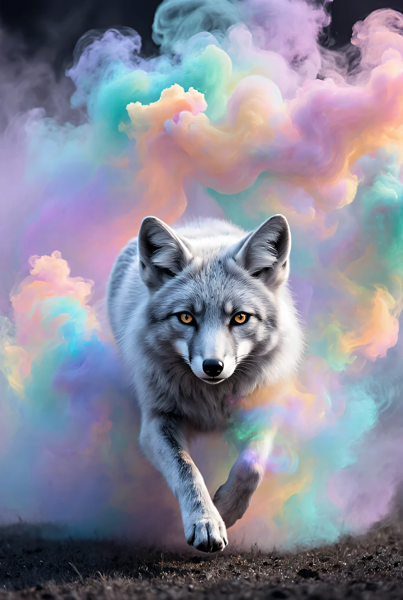 A radiant, shimmering cloud, Polished moonlight {x} Rainbow-colored smoke swirls and shines, filling the air with ethereal light. Soudainement, émergeant de la brume lumineuse, An elegant silver fox leaps forward, its fur shines like the light of the polished moon. The creature moves with grace and mystery, ses yeux reflétant les couleurs de la brume alors qu'elle émerge au grand jour.