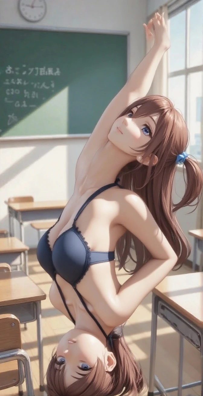 highest quality, masterpiece, High resolution, alone, {Jiang Feng Kai Er_Fleet Collection:1.15}, length_hair, red_hair, ribbon, hairband, hair_ribbon, 前hair, Ahoge, twin tails, side lock, low_twin tails, asymmetrical_前hair, very_長いhair, smile, green_eye, classroom background, hair_flap, 1 girl,((nsfw)), (panties),(bra), Striped underwear