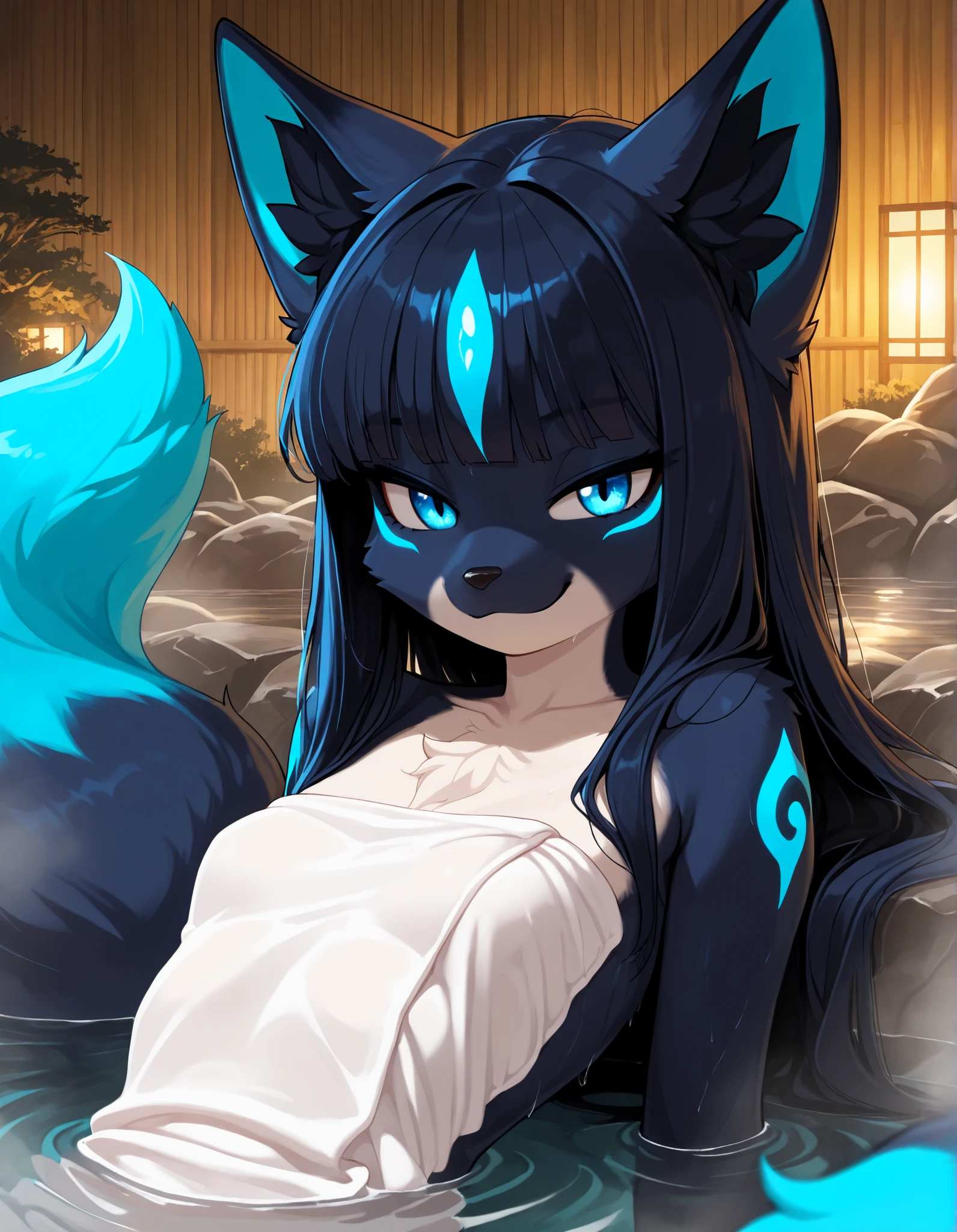 masterpiece, best quality, very aesthetic, 1girl, onsen, leaning back, steam, water, smug, looking at viewer, indoors, wooden wall,, kitsune furry, solo, shining blue fox eyes, 1tails, black fur and long black hair, mystical fox aura,, safe