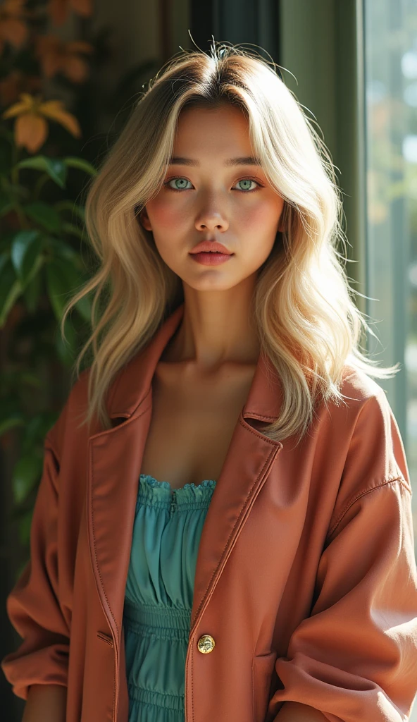a young female wearing yellow and pink coats in front of blue wall, in the style of heatwave, /translucent medium, contemporary vintage photography, lowbrow, poolcore, associated press photo, feminine body, (long shot)Photo taken from a distance, full body, completely , , 