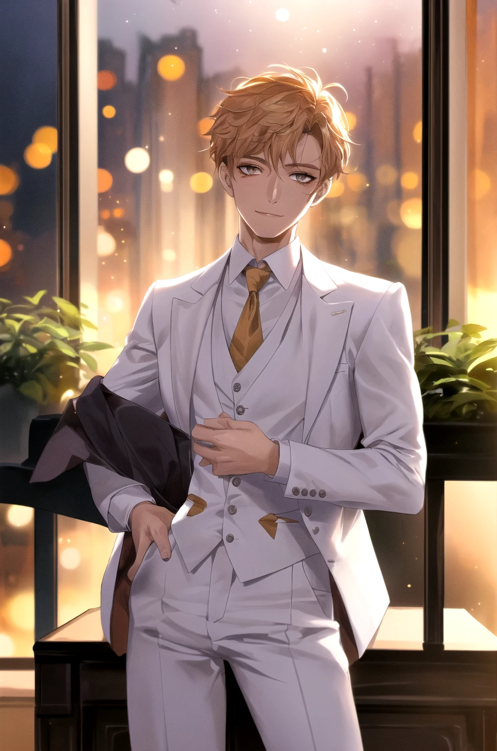 Top Half body, (masterpiece, best quality:1.2), solo, 1boy, Naruto Uzumaki, Naruto, yellow hair, looking at viewer, official art, extremely detailed CG unity 8k wallpaper, perfect lighting, (masterpiece:1.0),(best_quality:1.0), ultra high res,4K,ultra-detailed, photography, 8K, HDR, highres, absurdres:1.2, bokeh:1.2, lens flare, (vibrant_color:1.2), white Tuxedo suit, Groom suit, full body, Gala dinner, sitting on the chair, lively, happiness, smiling