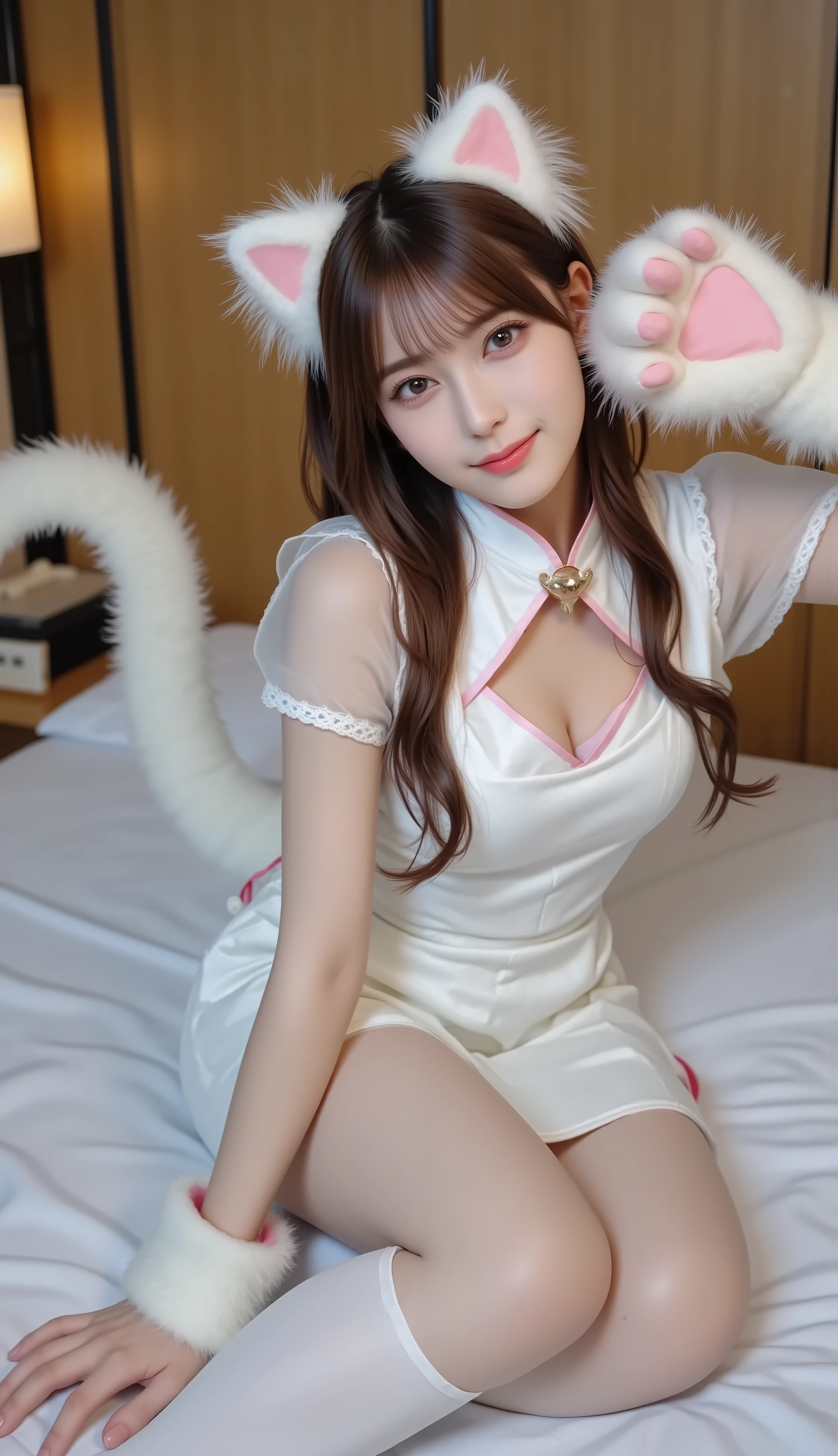 photorealistic, real human, ultra-detailed skin texture and pores, natural studio lighting, DSLR 85mm, shallow depth of field, filmic color grading.
stunning 20-year-old woman with long chest-length fluffy brown hair (soft waves, airy volume, wispy straight bangs, face-framing strands resting over the collar and chest), friendly smile, direct eye contact.
white cat cosplay (no maid frills): fluffy white cat-ear headband (soft pink inner fur, tiny bell), white furry paw mittens; optional slim white tail.
outfit (photo-accurate, qipao-inspired): crisp standing Mandarin collar with small frog-button detail; sheer organza shoulders and short puff sleeves (tasteful translucency).
(heart-shaped keyhole cutout at the chest:1.35), open-through opening with visible skin inside the heart, clean symmetric edges and pink piping around the inner rim, subtle inner shadow for depth, centered high on the bust just below the collar; hair gently parted around the heart keyhole, not covering it.
fitted white waist, simple white skirt with slight layered hem and pink trim, white tights; realistic fabric fibers (satin + organza + faux fur).
neutral seamless studio background (light beige/gray), clean minimal set. Eye-level medium shot, subject fills ~65%, Face size ~38% (good for face swap). Natural neck proportion, relaxed shoulders, sharp focus on face and eyes, well-formed hands, correct finger count.