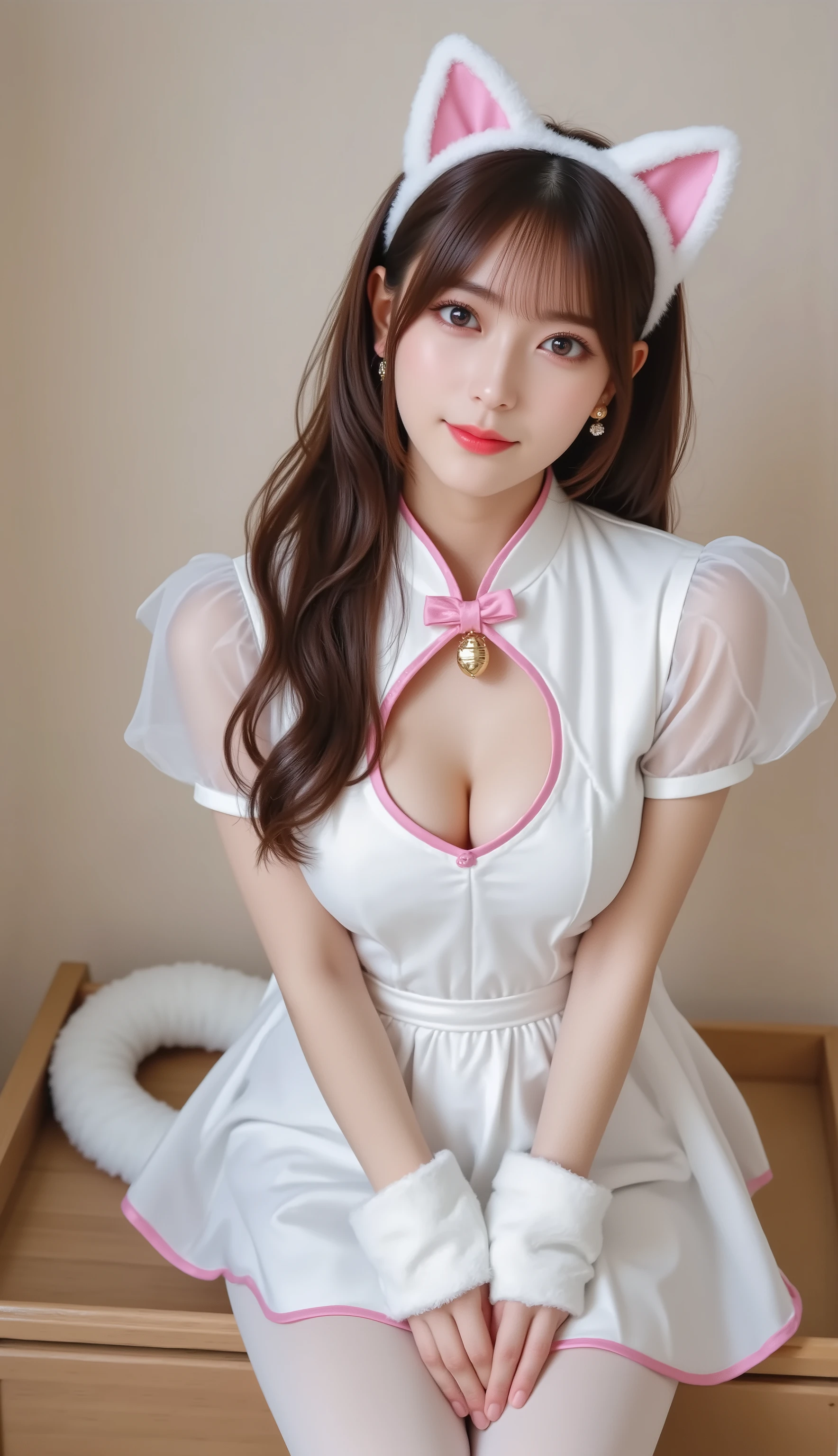 photorealistic, real human, ultra-detailed skin texture and pores, natural studio lighting, DSLR 85mm, shallow depth of field, filmic color grading.
stunning 20-year-old woman with long chest-length fluffy brown hair (soft waves, airy volume, wispy straight bangs, face-framing strands resting over the collar and chest), friendly smile, direct eye contact.
white cat cosplay (no maid frills): fluffy white cat-ear headband (soft pink inner fur, tiny bell), white furry paw mittens; optional slim white tail.
outfit (photo-accurate, qipao-inspired): crisp standing Mandarin collar with small frog-button detail; sheer organza shoulders and short puff sleeves (tasteful translucency).
(heart-shaped keyhole cutout at the chest:1.35), open-through opening with visible skin inside the heart, clean symmetric edges and pink piping around the inner rim, subtle inner shadow for depth, centered high on the bust just below the collar; hair gently parted around the heart keyhole, not covering it.
fitted white waist, simple white skirt with slight layered hem and pink trim, white tights; realistic fabric fibers (satin + organza + faux fur).
neutral seamless studio background (light beige/gray), clean minimal set. Eye-level medium shot, subject fills ~65%, Face size ~38% (good for face swap). Natural neck proportion, relaxed shoulders, sharp focus on face and eyes, well-formed hands, correct finger count.