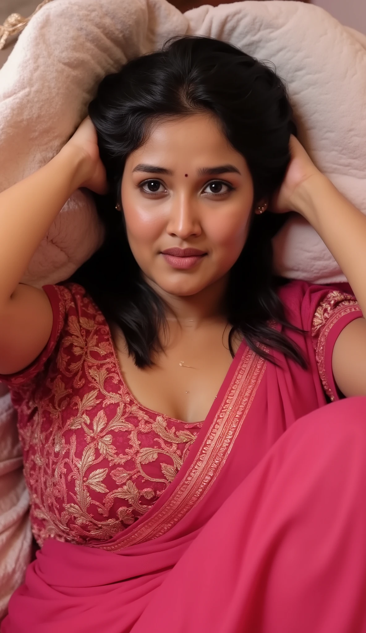 realistic full body beautiful Indian woman forcefully lying on bed, magenta lahenga with golden embroidery and off the slouder front deep blouse on it  woman full covered in sweat.and fully sweat on waist.and legs crossed without lahenga,Face expression sed and crying.both hands placed on her head 