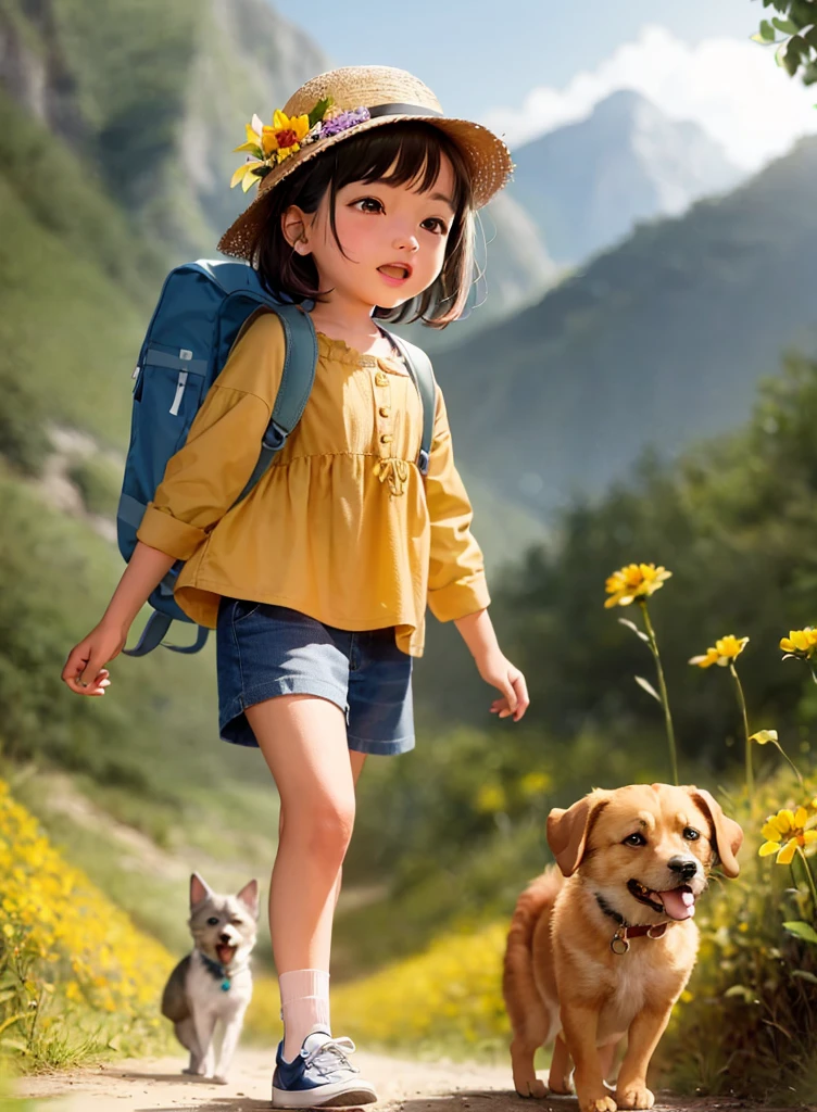 An incredibly charming carrying a backpack, accompanied by her adorable puppy, enjoying a lovely spring outing surrounded by beautiful yellow flowers and natural scenery. The illustration is in high definition at 4k resolution, with highly-detailed facial features and cartoon-style visuals, (Butterfly Dance)