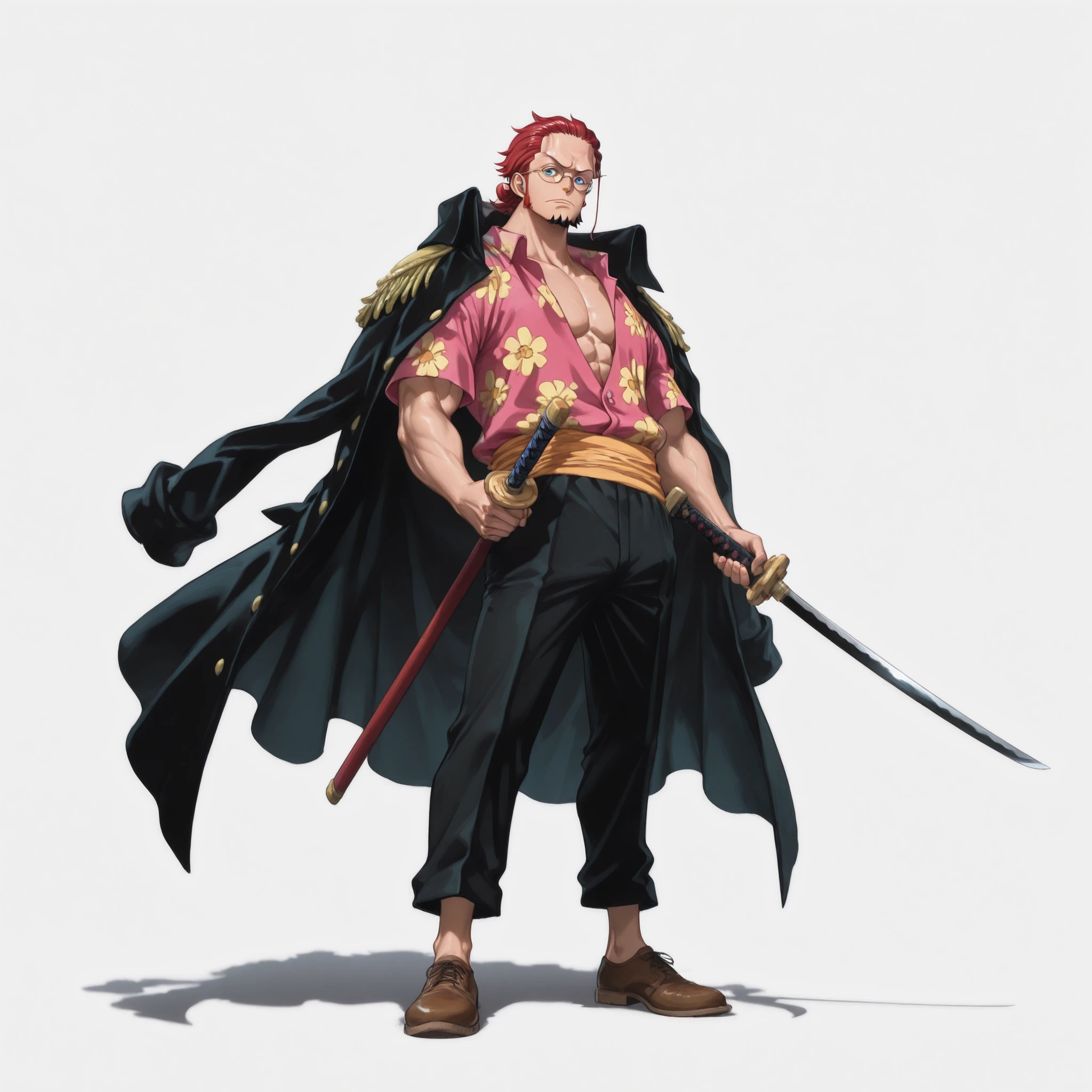 (male), (man, Slim body), (slicked back hairstyle), (red hair, goatee), (blue eyes), (round glasses), (muscular body), (holding one katana), (serious face), (solo), (single character), (full body version), (white background), (no background), (highly detailed), (shadow), (standing pose), (natural light), (detailed outfit), (detailed hand), (detailed face), (detailed hair)
Wearing a colorful open Hawaiian shirt with floral patterns, long black trousers, brown shoes, long black coat draped on shoulders, (One piece style art)