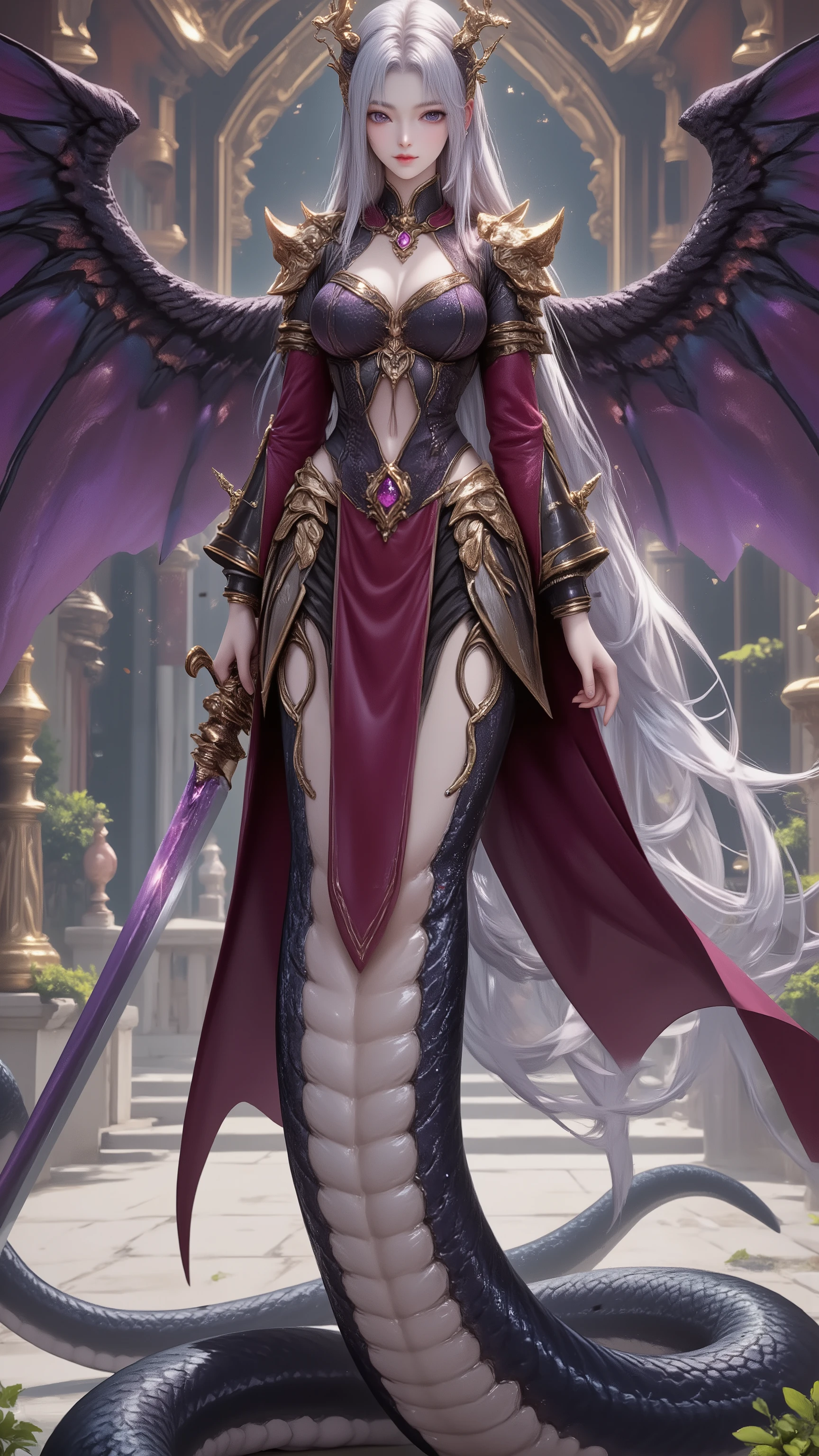 perfect proportions,masterpiece,Sophisticated details Jie,Fine Art, Exquisite Face, Artwork, best ,high resolution, Fantasy Style ,high resolution8K CG壁紙。upper body,Quadruple View。
beautiful Lamia。 upper body為嬌豔的女性,The lower half is a snake。perfect appearance ,perfect figure。White and tall。whose long, flowing silver and white hair falls like a waterfall。Violet Eyes。with huge black fleshy wings。
worn with gorgeous deep purple metal armor。intricate gold trim。Dotted with Ruby Ornament。Armor on the left shoulder,gold like an ornament of extended wings。Emphasizes the curves of her body。Emphasizes the curves of her legs。
Hand Carved Fine Western Sword,sword handle set with amethyst gemstone。
stands in front of a magnificent palace。