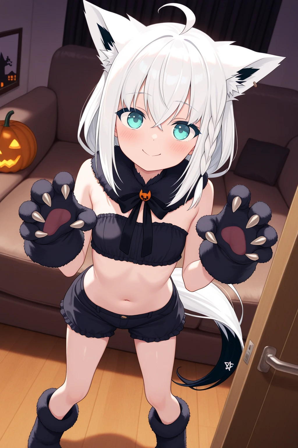 Furry male gray wolf，blue-green eyes, big ears，light white hair，light brown highlights，Black skinny swimsuit，Medieval hostel，bed，legs open，pole dance，small canine、Handsome，Lovely，charming，Slim stature，Sweating，Open your mouth slightly，helpless expression，Tongue out slightly，bare legs