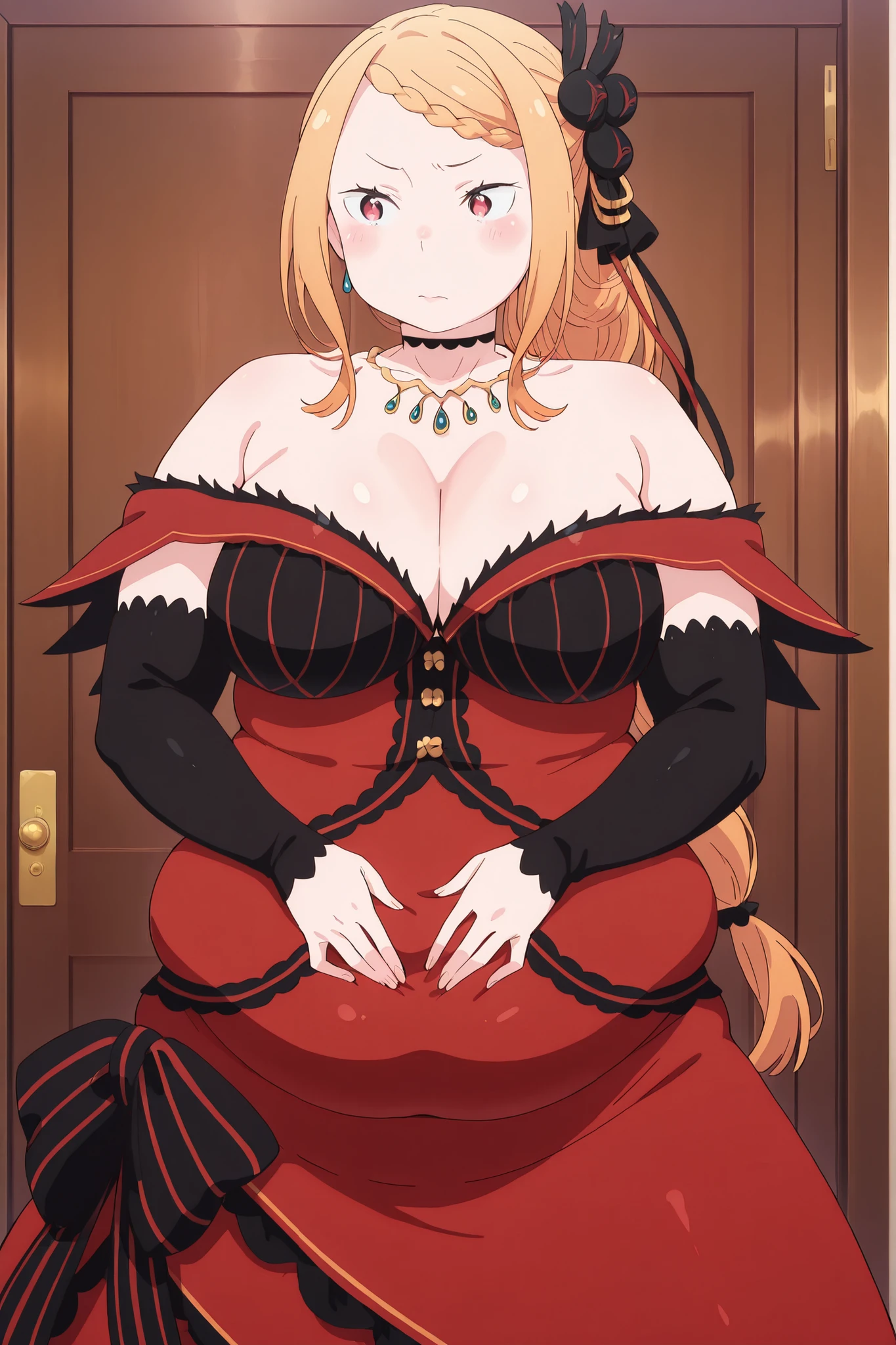 obese,fat,WeightObese,plump, bast m (:ゼロ), 1girl, Priscilla Barielle,赤い目,オレンジ色の髪の毛,
hmpris, long hair, braided bangs, low ponytail, hair ornament, choker, collarbone, necklace, cleavage, bare shoulders, red dress, detached sleeves, black sleeves,足コキ,黒いパンスト,網タイツ,フェラチオジェスチャー,嘲笑的な顔,手コキ