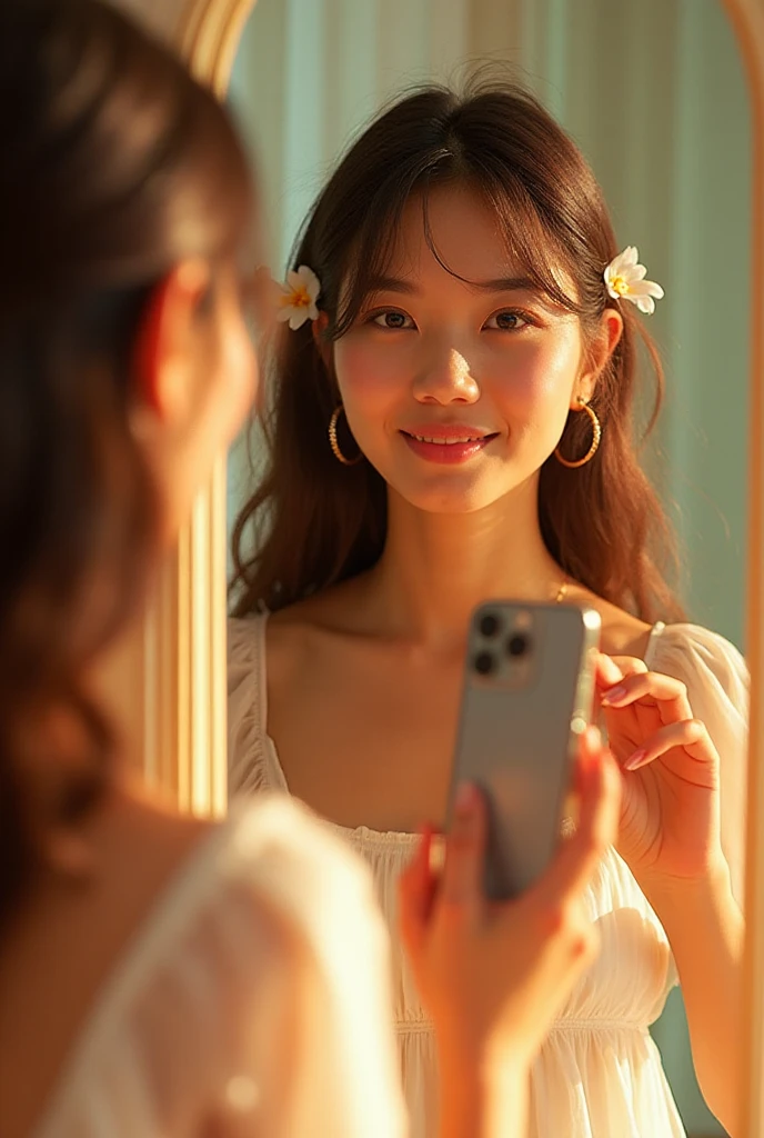 A brunette girl with black traight hair, Wearing a short spring dress With neckline, she takes a photo with your cell phone sitting on the floor in the big mirror in her room, taking a realistic photo