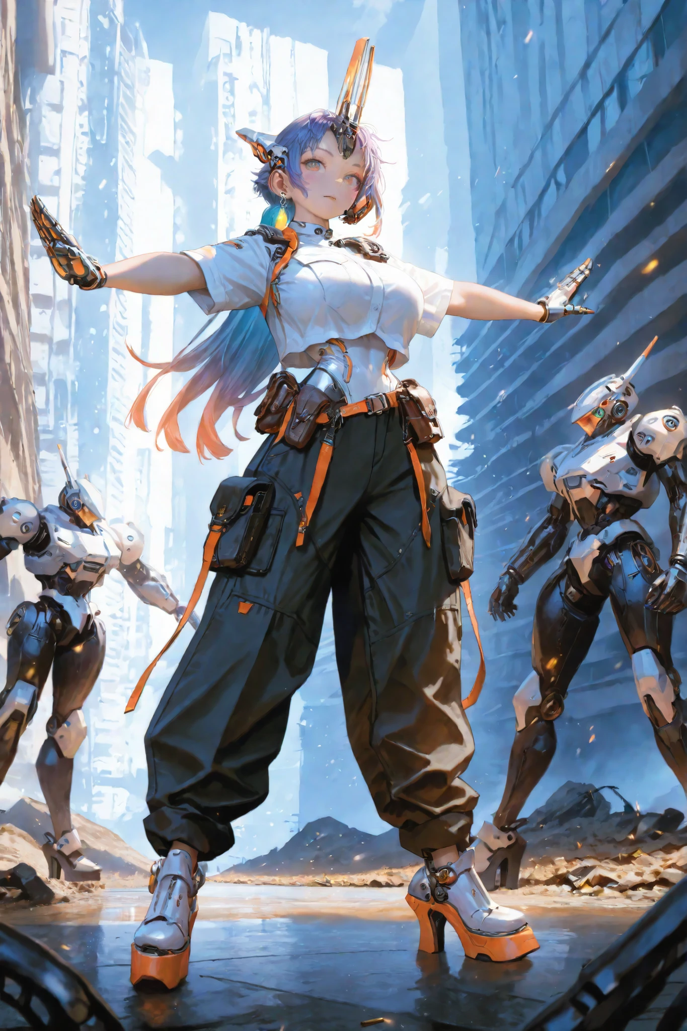 masterpiece, best quality, amazing quality, very aesthetic, absurdres, newest, (scenery, volumetric lighting), mature women, depth of field, armor, huge breasts, (((huge earrings:1.2))), head gear, shoulder armor, baggy pants, pocket, mechanical leotard, white shirt, short sleeves leotard, crop top shirt, white armor, holster, cyborg, ((ammunition pouch)), military, magazine/(weapon/), rifle cartridge, strap, headset, mechanical horn, platform heels, narrow waist, robot, mechanical, gorgeous armor, simple background, atnr, action, looking at viewer, (murata range), T-pose, masterpiece, best quality, amazing quality, very aesthetic, absurdres, newest, (scenery, volumetric lighting),