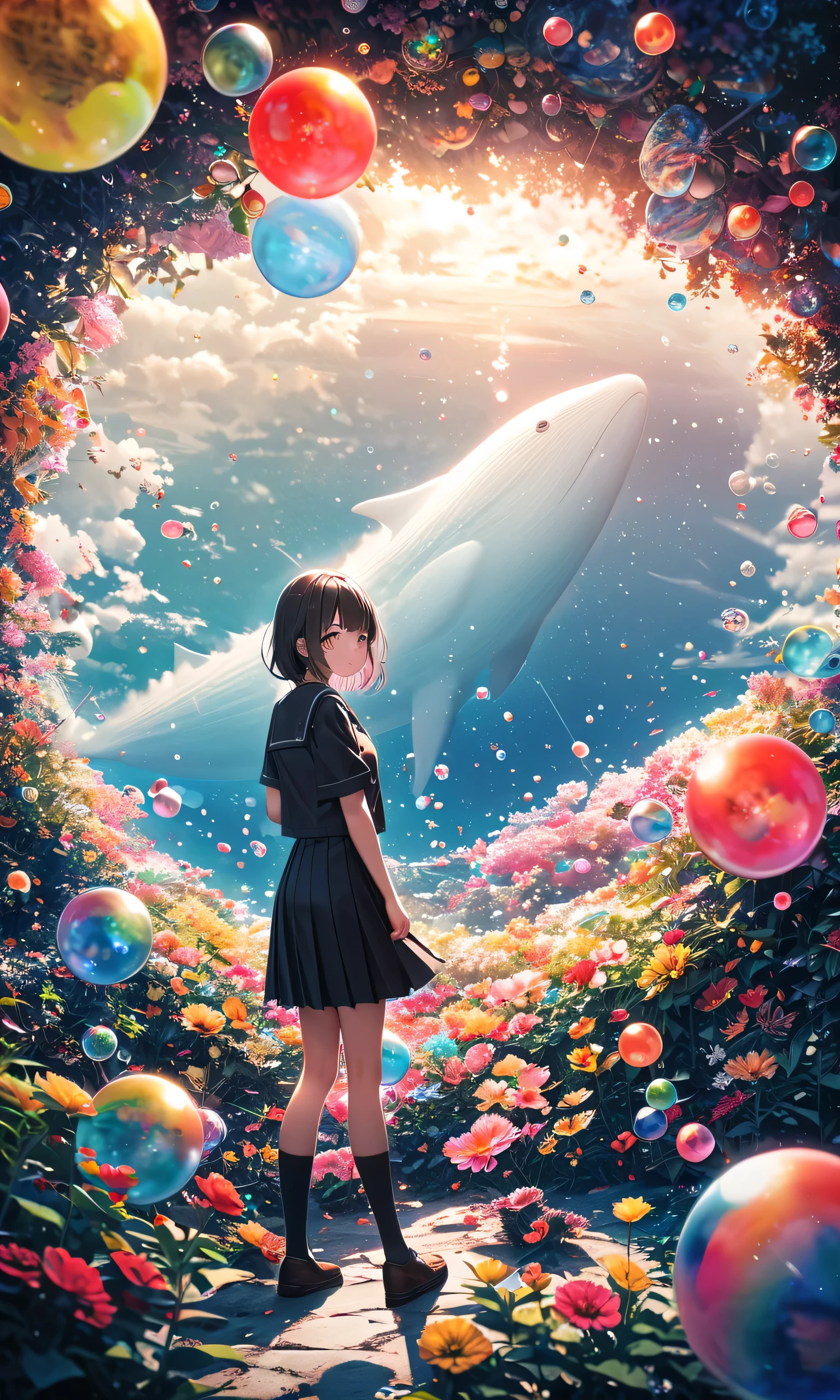 (Woman\(student, 20 years old, ＪＫ, Extremely elaborate CG unit wallpaper, Space-colored eyes,  Black School Uniforms , My skin is white) Look Up at the Sky), (large glass-colored whale is swimming through the air), beautiful sky,  beautiful clouds, colorful summer flowers are blooming everywhere., (transparent bubbles are scattered in the sky and shining in rainbow colors), There is a noon moon and a daytime star in the sky, It's a crowded downtown , BREAK ,Quality\(8k,非常に精細なCGユニットのWallpaper, masterpiece,high resolution,top-Quality,top-Quality real texture skin,surreal,Increase Resolution,Original photo,最高Quality,very detailed,Wallpaper,Cinema Lighting,ray tracing,The golden ratio\),(long shot),Wide Shot,