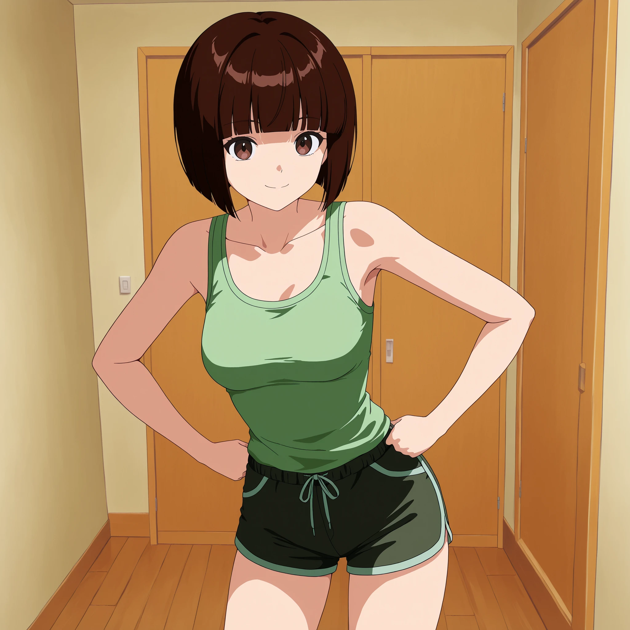 1girl,pose in room, nabiki tendou, short hair, bangs, brown hair, brown eyes, blunt bangs, bob cut, medium breasts, little smile, tank top, shorts,