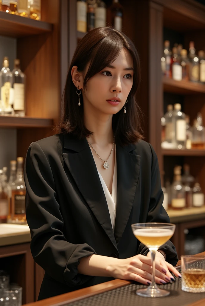 front side photo,filmg,8K,OriginalPhoto,While drinking lemon juice,Lemon slices for garnish,The table was full of lemons,Burgundy leather coat, shoulder,silverlong hair,Lemon slices in a water glass