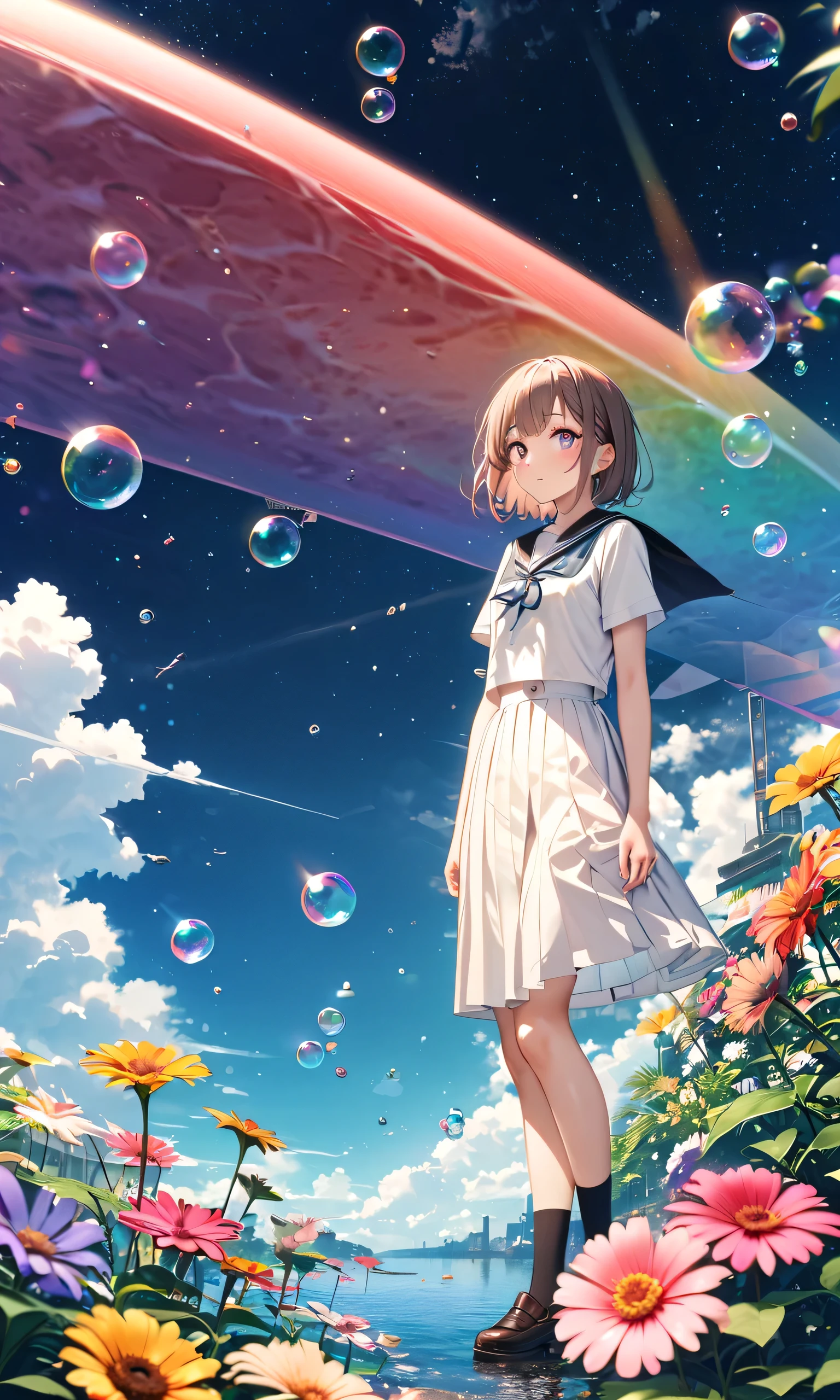 best quality, (Woman\(female student, Extremely elaborate CG unit wallpaper, Space-colored eyes,  Black School Uniforms , My skin is white) Look Up at the Sky), (large glass-colored whale is swimming through the air), beautiful sky,  beautiful clouds, colorful summer flowers are blooming everywhere., (transparent bubbles are scattered in the sky and shining in rainbow colors), There is a noon moon and a daytime star in the sky, It's a crowded downtown , BREAK ,Quality\(8k,非常に精細なCGユニットのWallpaper, masterpiece,high resolution,top-Quality,top-Quality real texture skin,surreal,Increase Resolution,Original photo,最高Quality,very detailed,Wallpaper,Cinema Lighting,ray tracing,The golden ratio\),(long shot),Wide Shot,