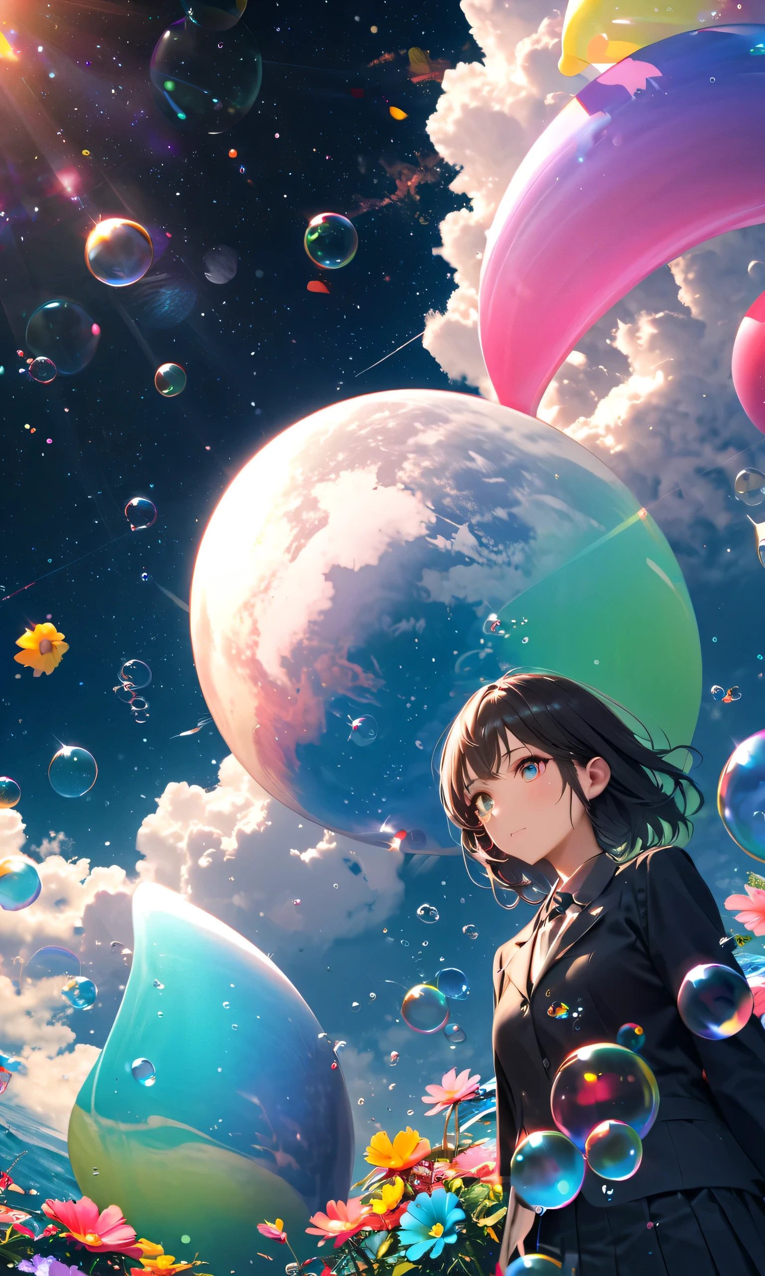 best quality, (Woman\(female student, Extremely elaborate CG unit wallpaper, Space-colored eyes, Black School Uniforms , My skin is white) Look Up at the Sky), (large glass-colored whale is swimming through the air), beautiful sky, beautiful clouds, colorful summer flowers are blooming everywhere., (transparent bubbles are scattered in the sky and shining in rainbow colors), There is a noon moon and a daytime star in the sky, It's a crowded downtown , BREAK ,Quality\(8k,非常に精細なCGユニットのWallpaper, masterpiece,high resolution,top-Quality,top-Quality real texture skin,surreal,Increase Resolution,Original photo,最高Quality,very detailed,Wallpaper,Cinema Lighting,ray tracing,The golden ratio\),(long shot),Wide Shot,