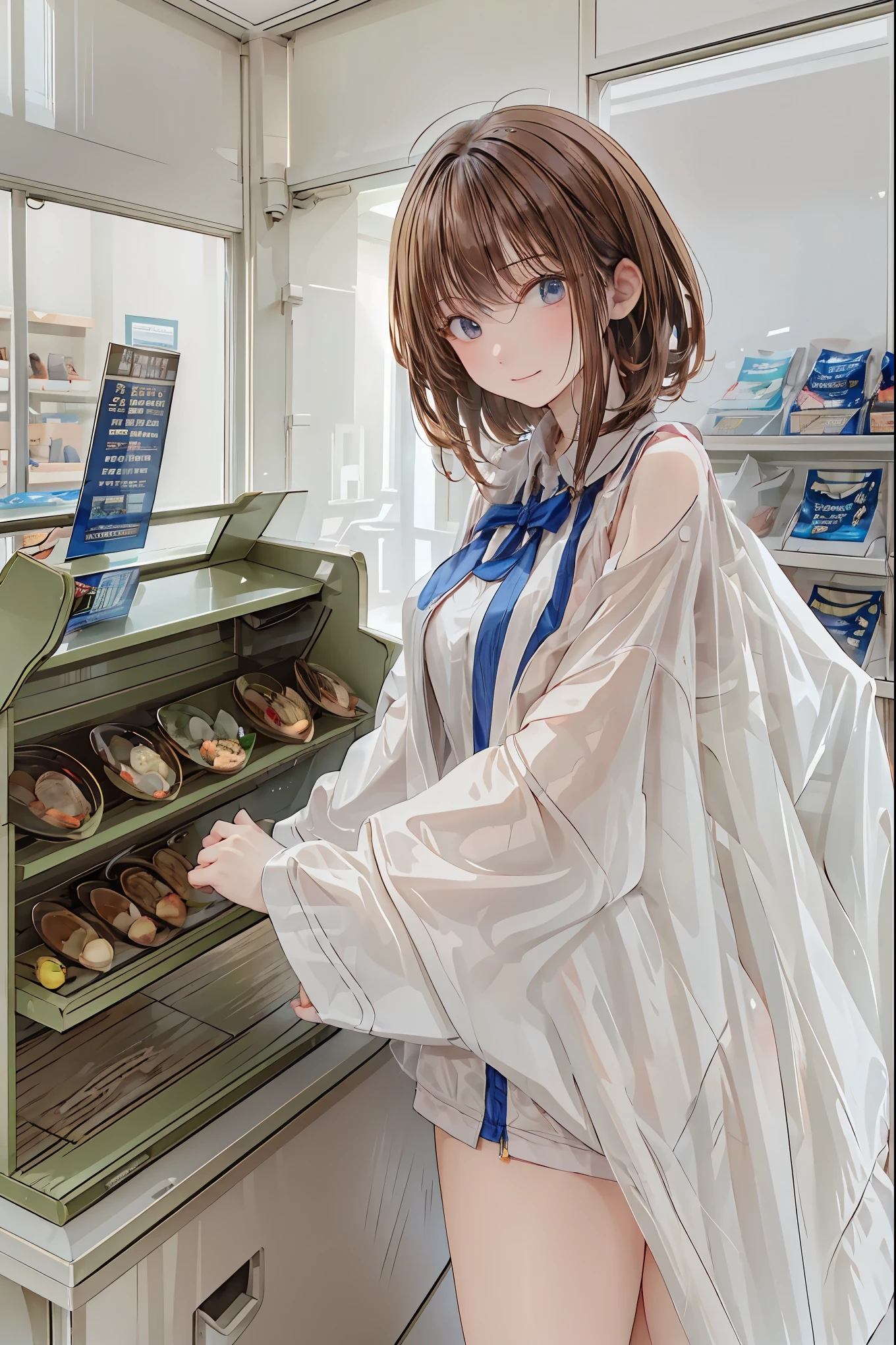 a young shrine maiden with long dark hair is working hard at the、the gentle and fantastic blue flame flickers「Jigoku convenience store」cash register。shelves filled with magatama-shaped glowing sweets、bill、Amulets、, etc.、Japanese mythological elements are nonchalant Incorporating。There are no violent flames in the background、the store has an entrance arch like a torii gate and、you can see specters and demons as guests。The lighting is soft and divine。anime style、Delicate Line、the aesthetics of beautiful traditional Japanese architecture fused with modern convenience store products，the atmosphere is calm yet slightly otherworldly