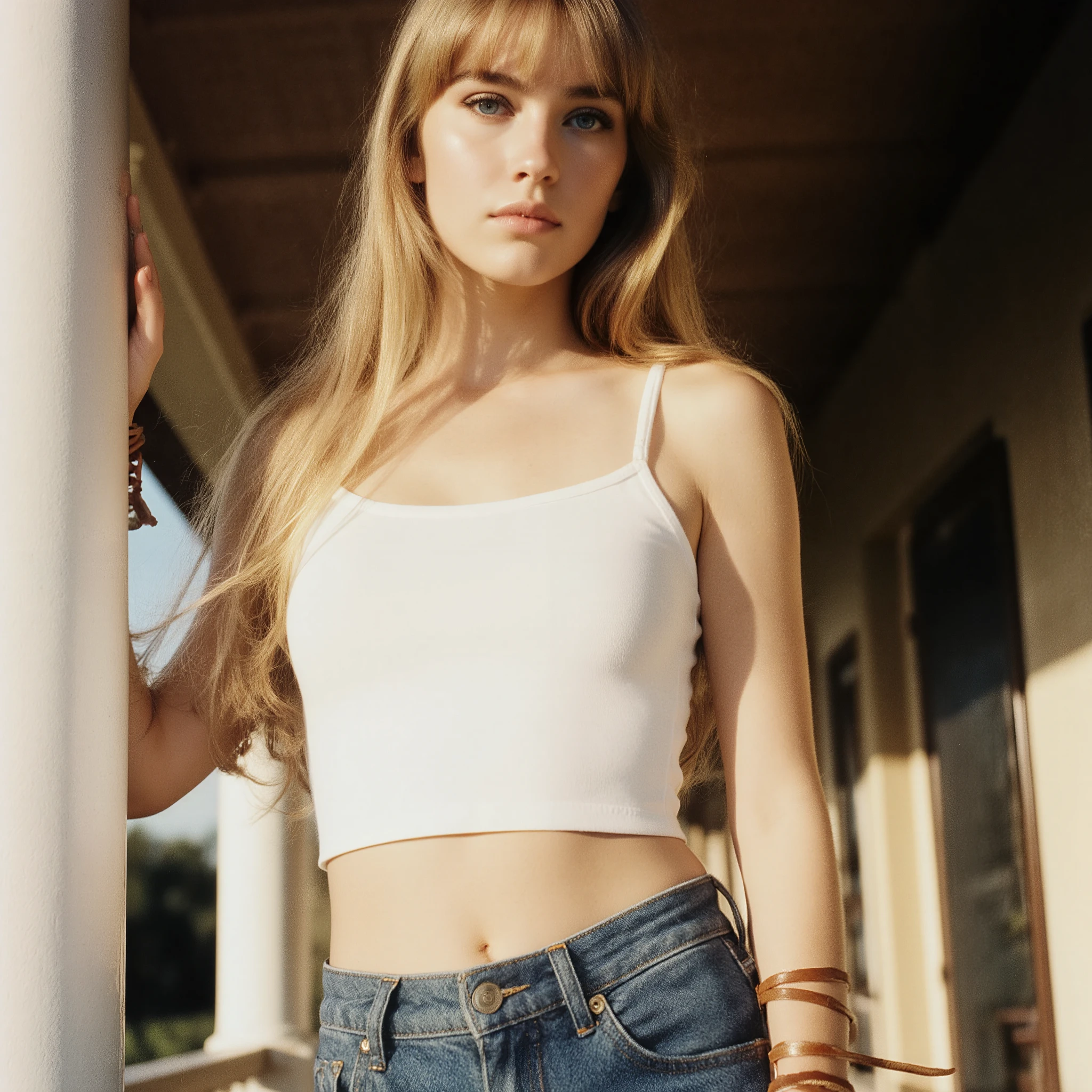 (masterpiece), (best quality), ultra-realistic, photoreal, professional fashion photography, 1990s fashion magazine photoshoot, full body, staged yet natural posing, alluring editorial composition, cinematic warm daylight, veranda setting, analog film look with fine grain, slightly desaturated 90s color grading, shallow depth of field,  
beautiful young German woman, caucasian, natural beauty with minimal makeup, subtle eyeliner only, striking blue eyes, straight defined eyebrows, long layered blonde hair with honey tones, bangs swept to the sides framing face, small natural ,  manicured nails,  
standing with back leaning against veranda post, relaxed but powerful posture, body angled slightly, direct eye contact with viewer, commanding expression, confident, self-possessed, superior vibes,  
white cotton wide strap cropped tank top, deep crew neckline, classic blue high-waisted tight Levi's jeans, bohemian thin leather wristbands, golden hour highlights on hair and skin
