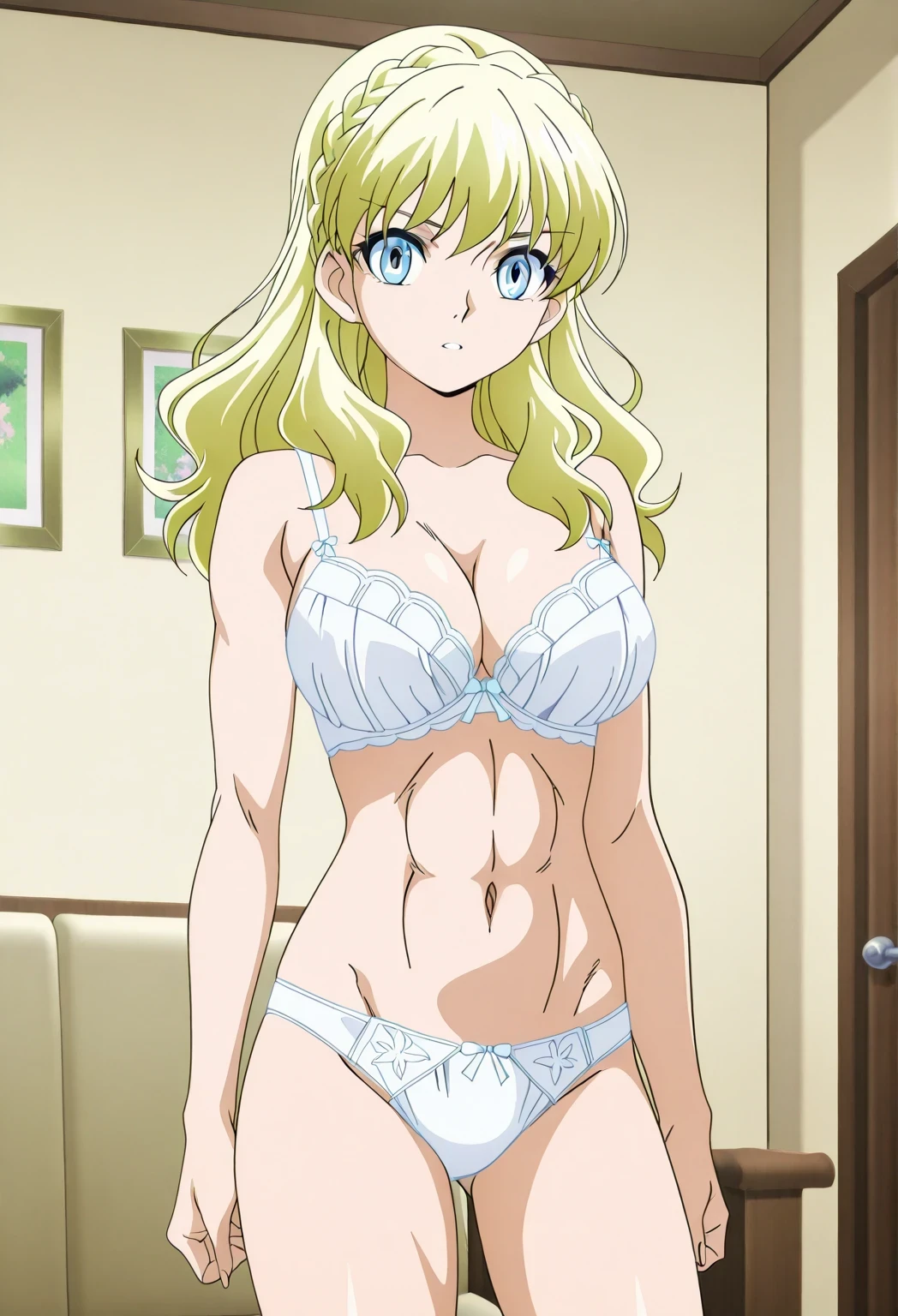score 9、score 8 up、score 7 up、source anime、傑作、best quality、best resolution、best image quality、anime coloring、1girl、mii、anime character with a white bra and white panty、solo、blonde hair、long hair、blue eyes、french braid、crown braid、Quiet Laughter、white underwear、white bra、white panty、white lingerie、big breasts、cleavage、large breasts、deltoids、navel、midriff、stomach、collarbone、trapezius、abs、biceps、triceps、brachioradialis、thigh muscles、slender body、stylish bra、stylish panty、stylish lingerie、stylish design under wear、top rated on pixiv、high quality animeart、bra with an white、美少女 style、official anime artwork、panty with an white、standing、bare shoulders、bare arms、bare crotch、bare thighs、bare legs、bra and panty only、at pixiv、anime screencap、anime screenshot、えっちアニメスタイル、アニメ風、14 years old、official anime style”、anime!!!、anime!!!!!!!!!!!!!!!、zerochan、looking at viewer、cowboy shot、girl focus、elegant atmosphere、indoors、living room、