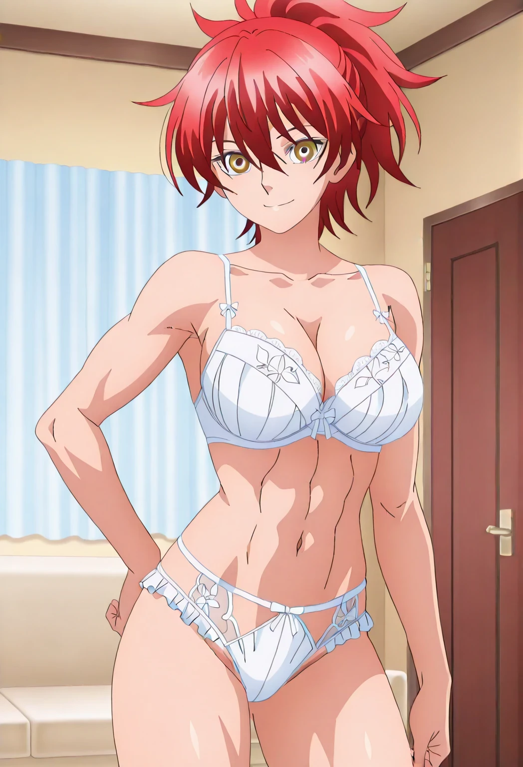 score 9、score 8 up、score 7 up、source anime、傑作、best quality、best resolution、best image quality、anime coloring、1girl、shouko、anime character with a white bra and white panty、solo、ponytail hair、medium hair、Hair between the eyes、red hair、A faint smile、bangs、brown eyes、white under wear、white bra、white panty、white lingerie、big breasts、cleavage、large breasts、deltoids、navel、midriff、stomach、collarbone、trapezius、abs、biceps、triceps、brachioradialis、thigh muscles、toned body、plan bra、plain panty、plain lingerie、simple design under wear、top rated on pixiv、high quality animeart、bra with an white、美少女 style、official anime artwork、panty with an white、standing、bare shoulders、bare arms、bare crotch、bare thighs、bare legs、bra and only、at pixiv、anime screencap、anime screenshot、アニメスタイル、アニメ風、14 years old、official anime style”、anime!!!、anime!!!!!!!!!!!!!!!、zerochan、looking at viewer、cowboy shot、girl focus、tomboy atmosphere、a manly girl、boyish atmosphere、indoors、living room、