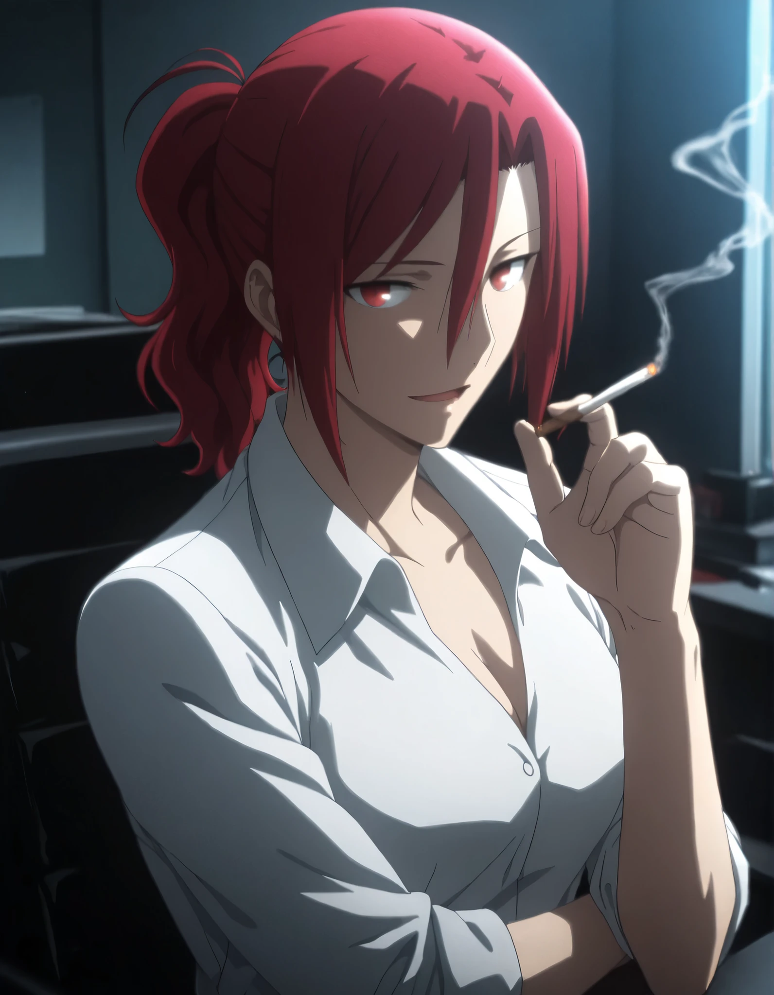 <lora:KnK_aozaki_toukoXLIllustrious001>,
masterpiece,best quality,good quality,newest,
office, dark grat,
light smile, light open mouth,
looking at viewer,
solo,
anime coloring,
aozaki_touko\(kara_no_kyoukai\),1girl,red hair,ponytail,red eyes,
small breasts, (aged up:1.2),
white shirt,collared_shirt, sleeves rolled up, cleavage,
smoking, ,