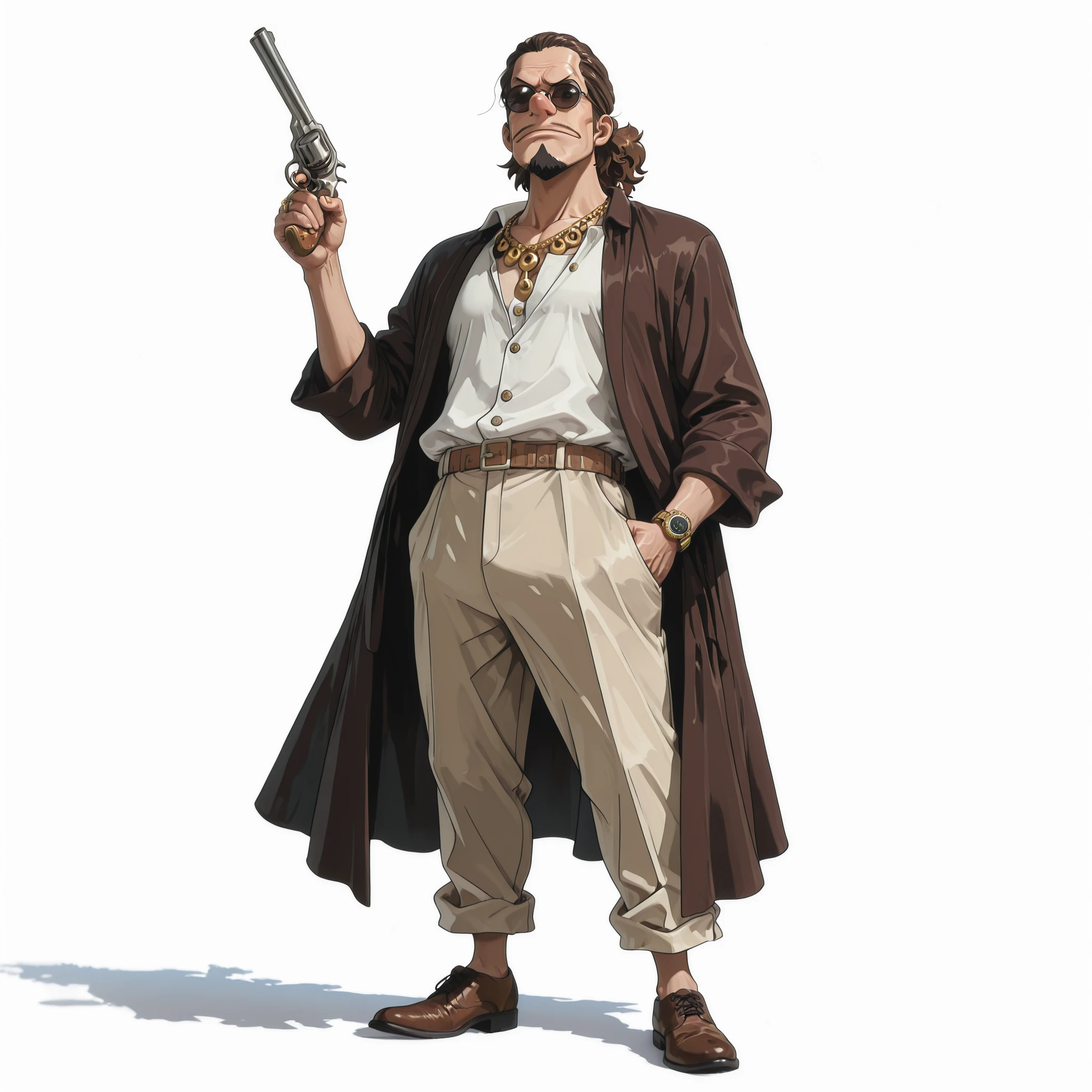 (male), (middle aged man), (masculine man), (athletic body), (brown eyes), (brown hair), (big nose), (full goatee), (solo), (single character), (full body version), (white background), (no background), (highly detailed), (shadow), (natural light), (detailed outfit), (detailed hand), (detailed face), (detailed hair), ( revolver on hand)
Wearing casual mafia suit with open robe, round black sunglasses, gold necklace, gold wristwatch, stylish trousers, brown leather shoes, (One piece style art)