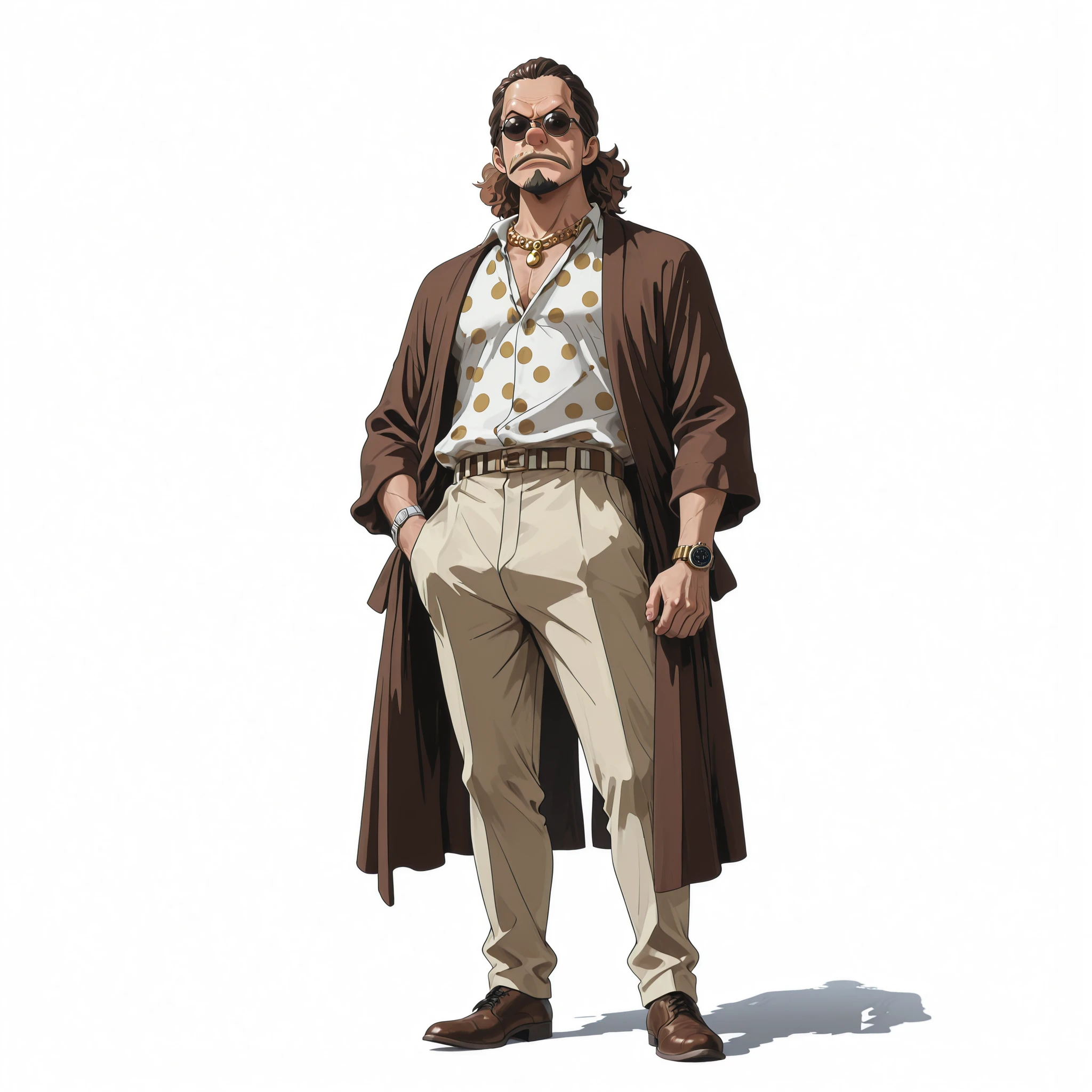 (male), (middle aged man), (masculine man), (athletic body), (brown eyes), (brown hair), (big nose), (full goatee), (solo), (single character), (full body version), (white background), (no background), (highly detailed), (shadow), (natural light), (detailed outfit), (detailed hand), (detailed face), (detailed hair)
Wearing casual mafia suit with open robe, round black sunglasses, gold necklace, gold wristwatch, stylish trousers, brown leather shoes, (One piece style art)