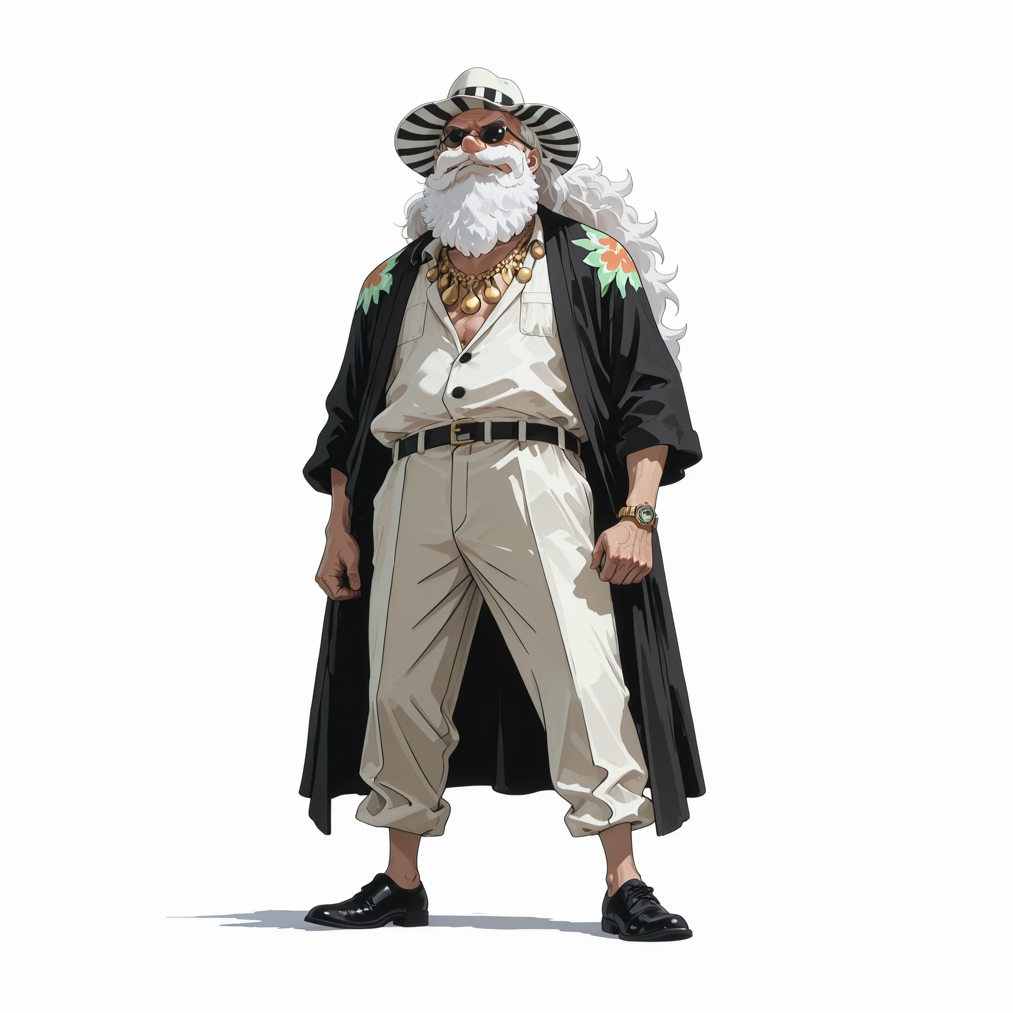 (male), (old man), (masculine man), (athletic body), (brown eyes), (white long hair), (big nose), (full beard), (solo), (single character), (full body version), (white background), (no background), (highly detailed), (shadow), (natural light), (detailed outfit), (detailed hand), (detailed face), (detailed hair)
Wearing casual mafia suit with open robe, Hawaiian hat, Chinese black sunglasses, gold necklace, gold wristwatch, stylish trousers, white leather shoes, confident and intimidating mafia boss vibe. (One piece style art)