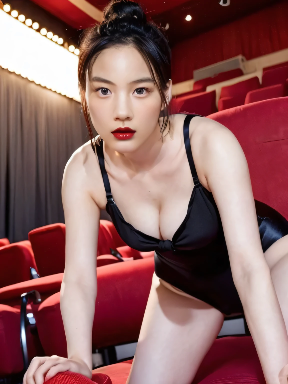 Medium-haired beautiful 32-year-old woman wearing black leotard, stepping over a red chair in a theater and spreading legs, leaning forward and grabbing chairs with hands, bare arms, showing cleavage, (((wearing black leotard))), (((stepping over a red chair in a theater))), (((leaning forward and grabbing red chairs with hands))), (((spreading legs))), (((showing cleavage))), (((hairs tied up))), (((bare arms))), (((bare legs))), (((red lips))), (((eyeliner))), (((makeup))), makeup like Taylor Swift, neogeo, private press, inspired by Rena Nounen, Rena Nounen, Rena Nounen style, young glamourous idol, young pretty gravure idol, of a youthful japanese beauty, precisionism, neoclassicism, best quality, super detailed, masterpiece, 32K, (((Best Quality))), ((Ultra-detailed)), ((extremely delicate and beautiful))