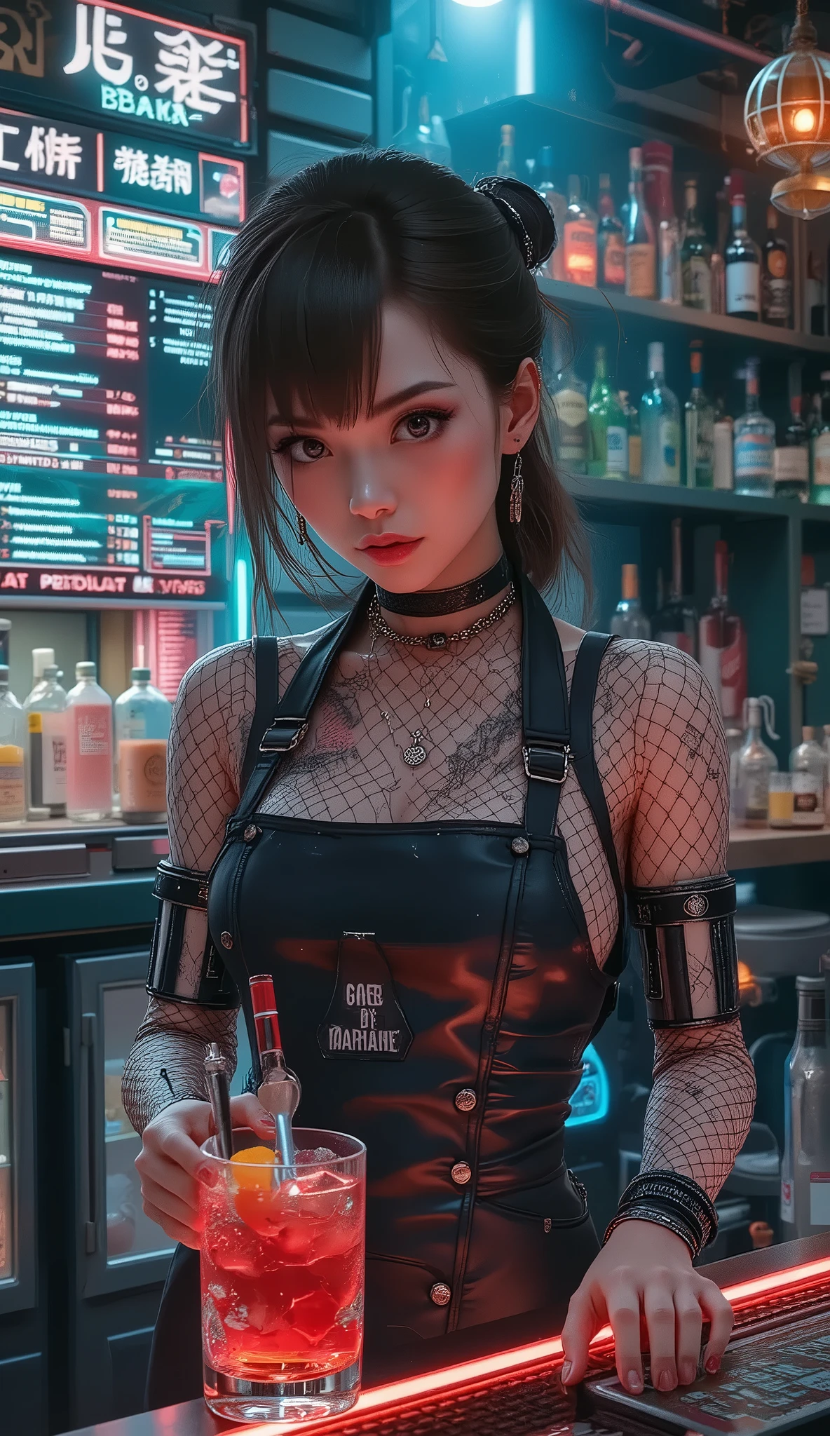 photorealistic, a scene from a neon-drenched cyberpunk bar in 2080s Neo-Osaka. A charismatic androgynous bartender with subtle cybernetic arms is mixing a glowing cocktail. They have a knowing smirk, one human eye and one cybernetic eye with a faint data stream. They wear a sleek black synth-leather apron over a stylish, distressed jacket. The atmosphere is intimate and moody, filled with the haze of vapor and the glow of holographic menus. Cinematic lighting, volumetric fog, hyper-detailed, shot on Arri Alexa, style of Blade Runner 2049.