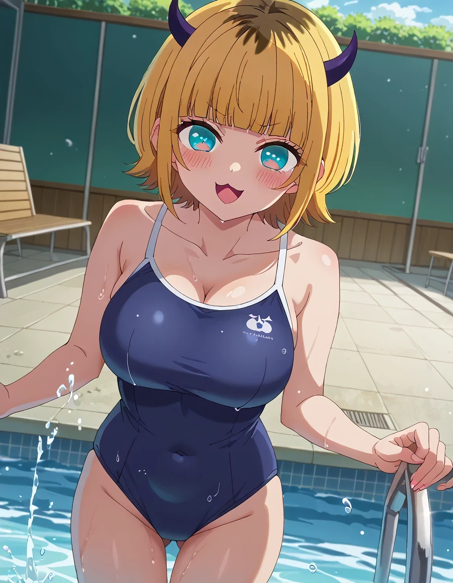 score 9 、score 8 up、score 7 up、source anime、傑作、Best quality、Best image quality、Best resolution、anime. coloring、anime screencap、anime screenshot、1woman、 memcho、 <lora:memcho-s1-ponyxl-lora-nochekaiser:1>、memcho、blonde hair、blunt bangs、short hair、blue eyes、horns、demon horns、fake horns、mature lady、big breasts、very large breasts、cleavage、large boobs、<lora:competition-school-swimsuit-ponyxl-lora-nochekaiser:1>、competition school swimsuit、school swimsuit、trace swimsuit、navy blue one-piece swimsuit、one-piece swimsuit、high leg cut swimsuit、swimsuit、wet swimsuit、single vertical stripe、high leg cut、bare shoulders、bare arms、bare crotch、bare thighs、bare legs、collarbone、trapezius、covered navel、poolside、pool、splashing、smile、smug、blush、open mouth、looking at viewer、cowboy shot、female focus、dutch angle、
