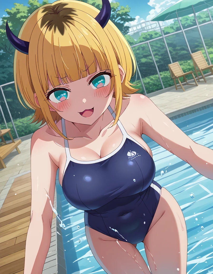 score 9 、score 8 up、score 7 up、source anime、傑作、Best quality、Best image quality、Best resolution、anime. coloring、anime screencap、anime screenshot、1woman、 memcho、 <lora:memcho-s1-ponyxl-lora-nochekaiser:1>、memcho、blonde hair、blunt bangs、short hair、blue eyes、horns、demon horns、fake horns、mature lady、big breasts、very large breasts、cleavage、large boobs、<lora:competition-school-swimsuit-ponyxl-lora-nochekaiser:1>、competition school swimsuit、school swimsuit、trace swimsuit、navy blue one-piece swimsuit、one-piece swimsuit、high leg cut swimsuit、swimsuit、wet swimsuit、single vertical stripe、high leg cut、bare shoulders、bare arms、bare crotch、bare thighs、bare legs、collarbone、trapezius、covered navel、poolside、pool、splashing、smile、smug、blush、open mouth、looking at viewer、cowboy shot、female focus、dutch angle、