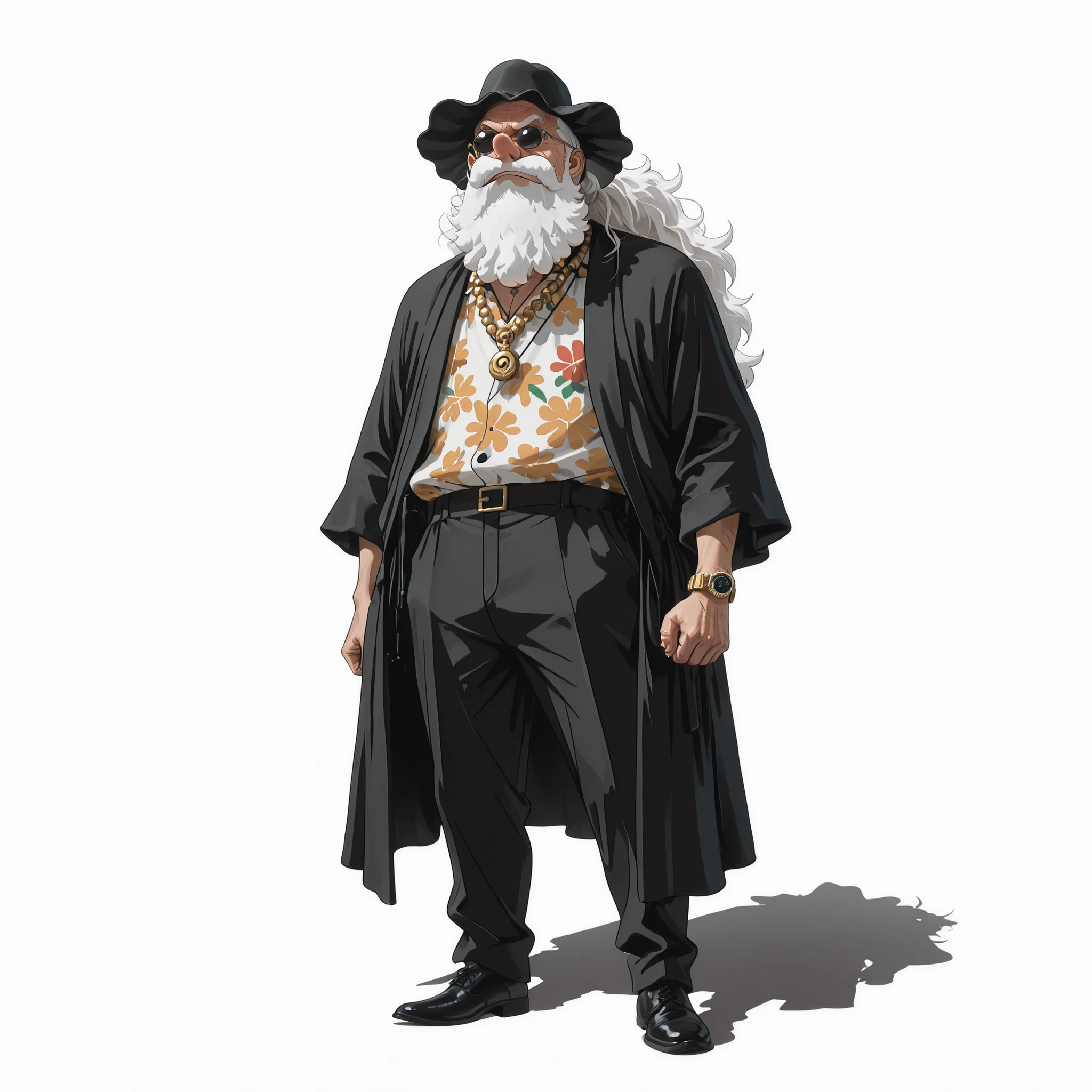 (male), (old man), (masculine man), (athletic body), (brown eyes), (white long hair), (big nose), (full beard), (solo), (single character), (full body version), (white background), (no background), (highly detailed), (shadow), (natural light), (detailed outfit), (detailed hand), (detailed face), (detailed hair)
Wearing casual mafia suit with open robe, Hawaiian hat, Chinese black sunglasses, gold necklace, gold wristwatch, stylish trousers, white leather shoes, confident and intimidating mafia boss vibe. (One piece style art)
