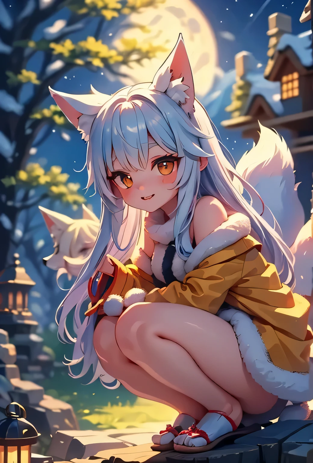 Moonlit Mist The fox spirit emerges from the hot spring under the full moon, with nine floating tails and eyes that shine like stars.