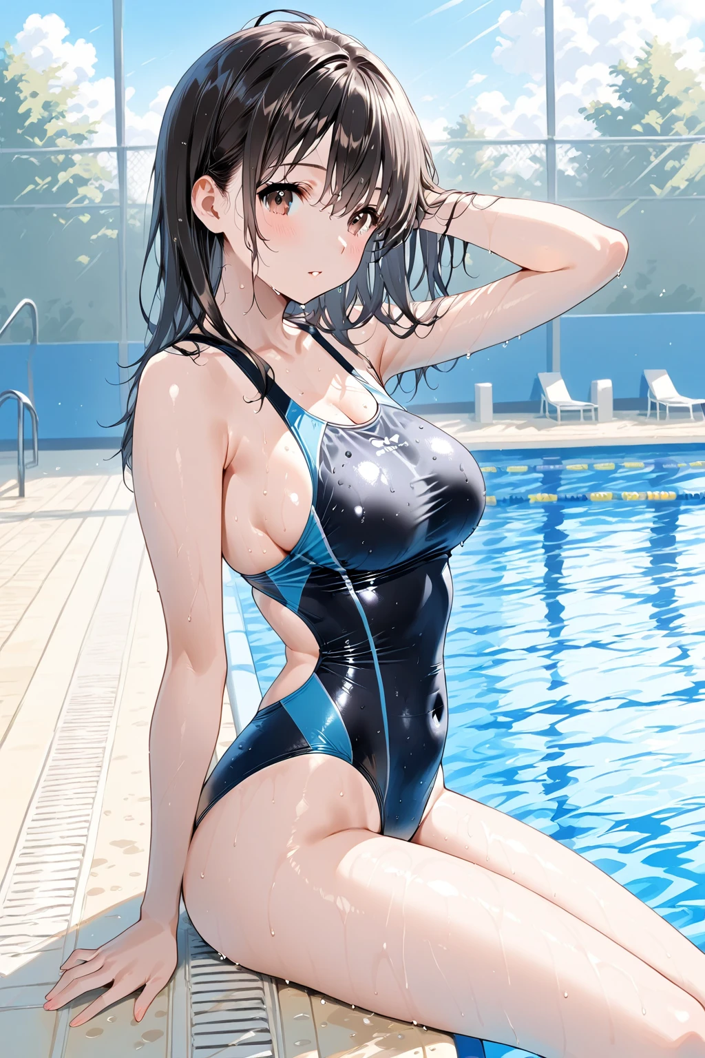 symboli rudolf \(umamusume\), one piece pink swimsuit, , thighs, swimming pool, (soaking wet:1.2), smiling