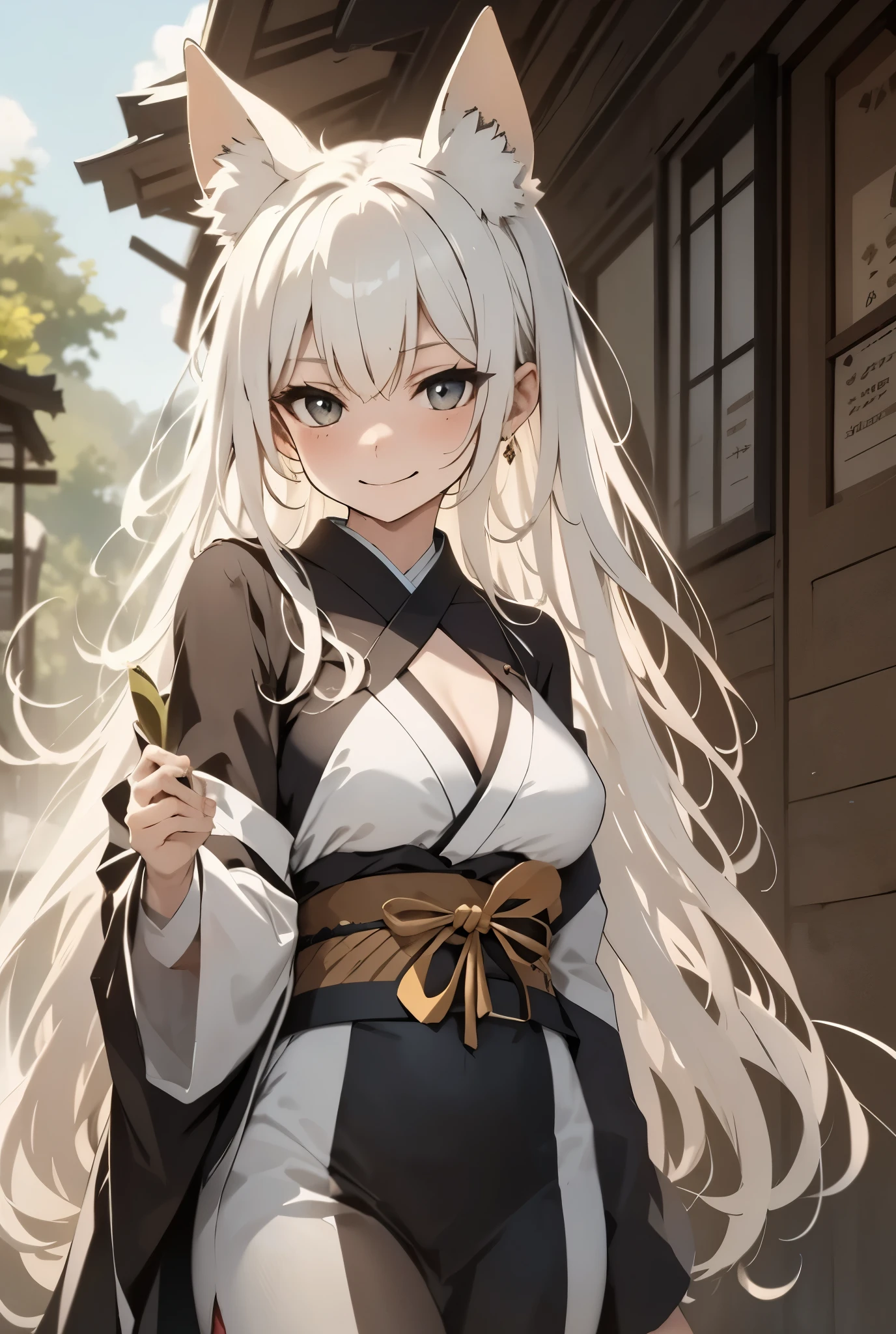 Steam and Seduction Wrapped in steam, the fox spirit leans against the edge of the spring, wearing a half-open kimono and an enigmatic smile that reveals her ethereal form.