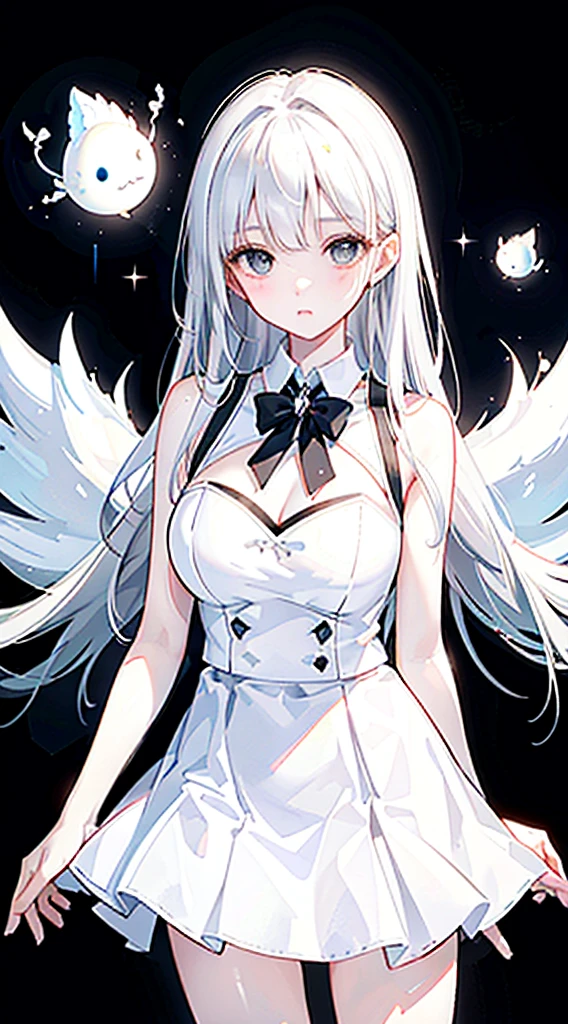 chest、Long Hair、Silver Hair、Ahoge、One-eyed、dress
