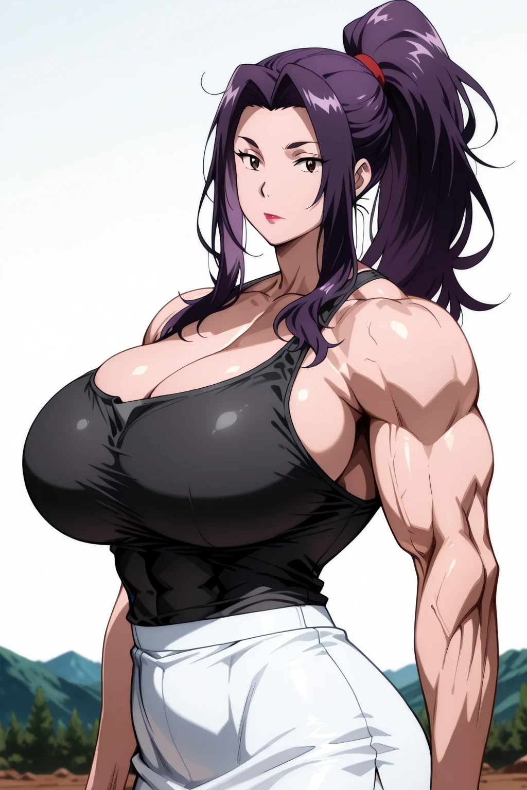 score 9 , score 8 up, score 7 up, source anime, 傑作, best quality, best image quality, best resolution, anime coloring, anime screencap, anime screenshot, 1woman, Close-up of a woman with long purple hair, muscular and strong, make up, messy hair, lipstick, wavy hair, parted bangs, muscular and strong, brown eyed woman, (aged up,24 year old), solo, huge breasts, strong muscles, クラシック woman, huge breasts, strong muscles, very large breasts, made by an anime artist, huge boobs, large tits, wearing white tight skirt, outfit:pitch black tank top, biceps, biceps long head, biceps short head, triceps, triceps medial head, triceps lateral head, triceps long head, brachioradialis, deltoids, anterior deltoids, middle deltoids, posterior deltoids, thigh muscles, semitendinosus muscles, hamstrings, adductor magnus muscles, collarbone, trapezius, plain tank top, woman ロマンス, (pitch black tank top:1.5), official anime style, basic tank top, no bra, muscular woman, skin tight tank top, muscular and feminine, 魅力的なアニメの女性, very tall woman, toned body, adult sexy appeal, wearing a white tight skirt, アニメチンコ!!!!, (white tight skirt:1.5), tank top with an pitch black, tight skirt with an white, bare shoulders, bare arms, bare legs, tank top and tight skirt only, cowboy shot, looking at viewer, female focus, Placed in front,