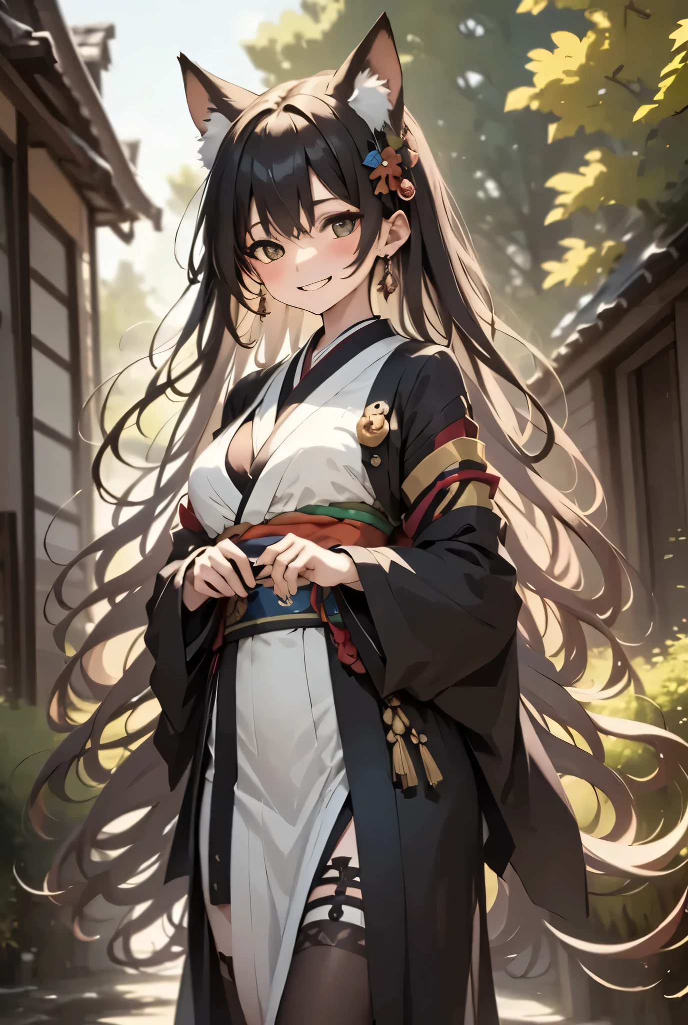 Steam and Seduction Wrapped in steam, the fox spirit leans against the edge of the spring, wearing a half-open kimono and an enigmatic smile that reveals her ethereal form.