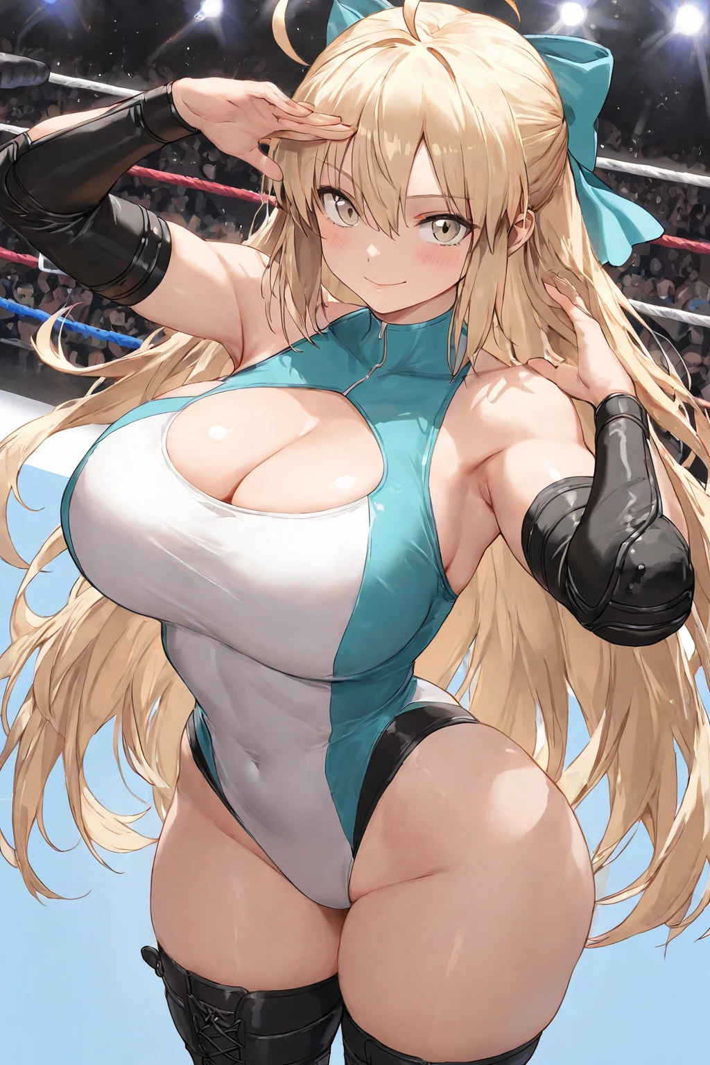 (masterpiece image, very detailed image, best high quality high definition image High very detailed Quality image, Very detailed high quality image),
1 swedish girl, absolute beauty, 28 years old, fair pale skin, light blue eyes,  beauty features, long blonde golden hair tied in two high pigtails with pink ribbons and blonde golden hair curly fringe near the nose, voluptuous , round , beautiful legs, (light pale blue one piece leotard with a white stripe line in the belly and a grey spandex shorts under the leotard, grey knee pads, light pale blue wrestling boots, light pale blue arms sleeves, grey elbow pads), serious face athletic jump
 gym and wrestling ring