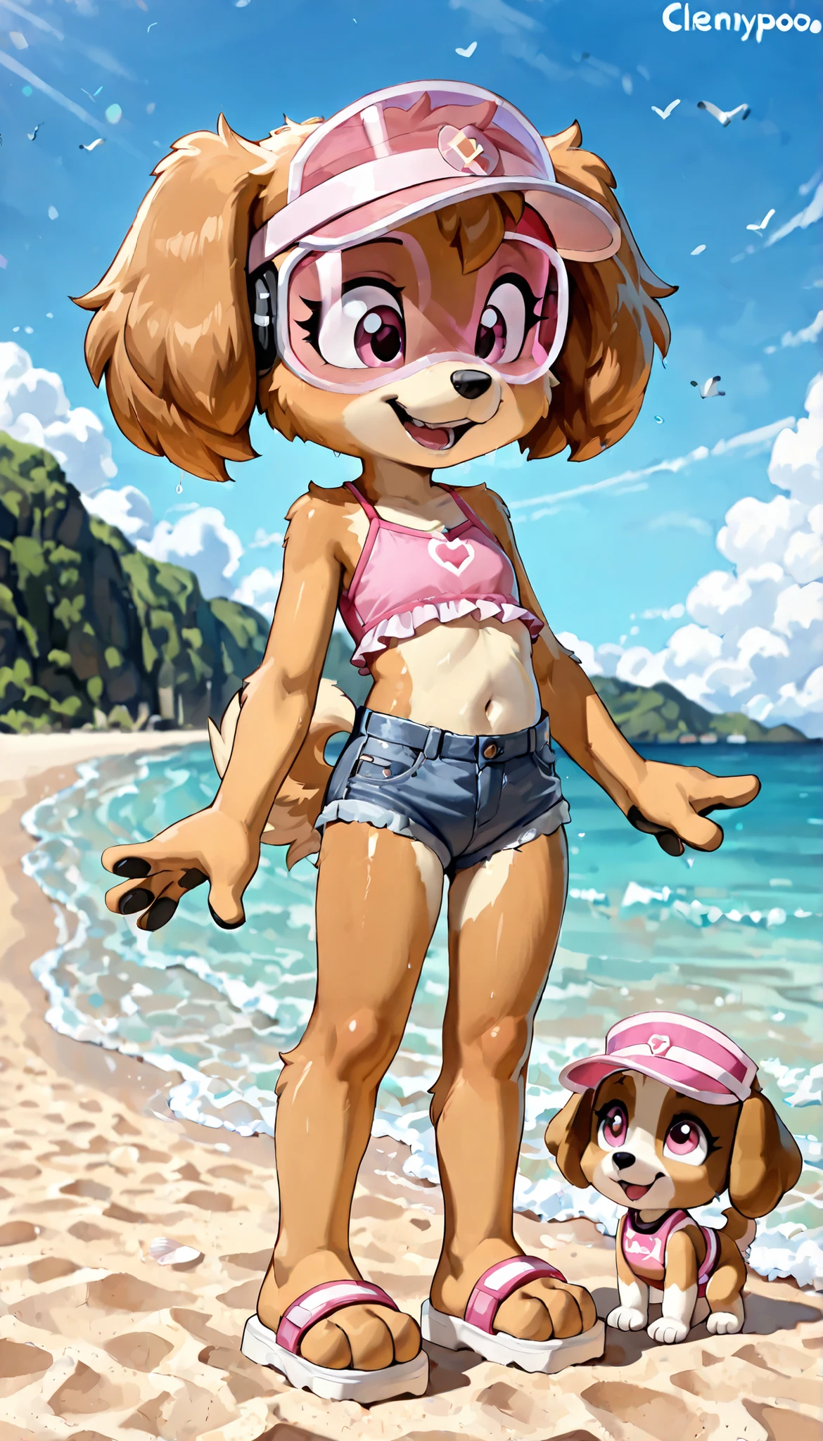 score_9, score_8_up, score_8, source_cartoon, source_furry, 1girl, solo, Skye(PP), dog, anthro, dog, furry, Cockapoo, pink eyes, golden-brown body fur, golden-brown hair, cute face, 4 fingers, ((pink visor hat, pink frilly tankini, midriff, denim shorts, sandals)), full body, feets with three toes, beach on background, sunny day, clear sky, confident face, skinny, short body, thin body, glistering body, shiny body, (very skinny:1.0), (Small, Short:1.1), (young cub:1.2), looking at you, standing, elegant pose,