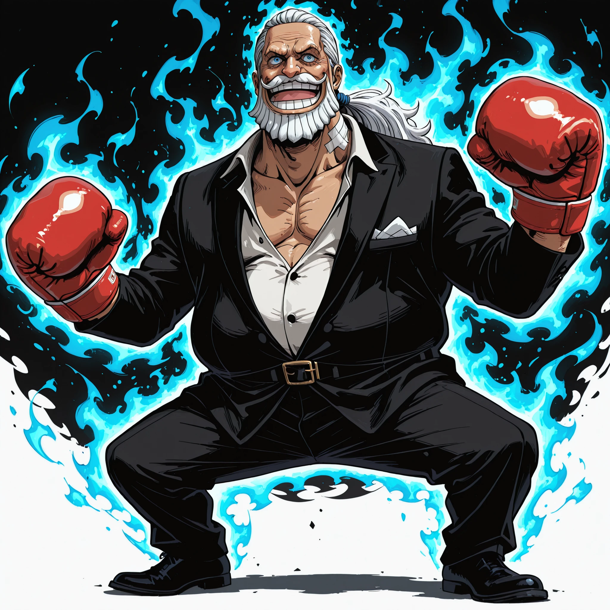 (male), (old man), (blue eyes), (white long hair), (ponytail hair), (full mustache, long chin beard),), (bandage on neck), (solo), (single character), (full body version), (white background), (no background), (highly detailed), (shadow), (natural light), (detailed outfit), (detailed hand), (detailed face), (detailed hair), (front shot camera picture),
Wearing a mafia suit style outfit with open collar, boxing gloves on both hands, standing in a confident mafia boxer pose, big aura, (One piece style art), very fat body, Giant body,